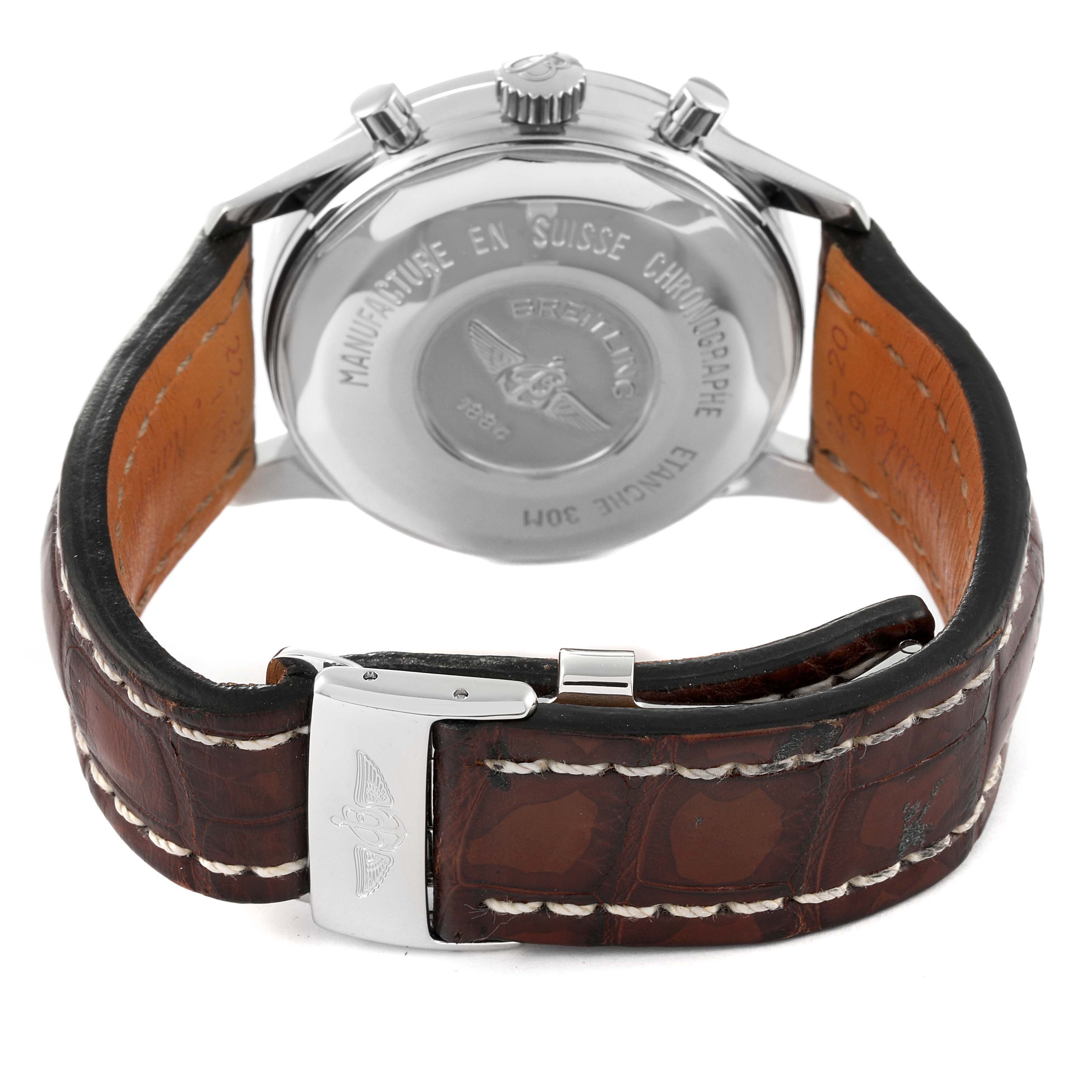 The image shows the back view of a Breitling Premier A130241 Men's Stainless Steel Black Dial A130241 Men's Stainless Steel Black Dial watch, highlighting the case back, crown, and brown leather strap with a clasp.