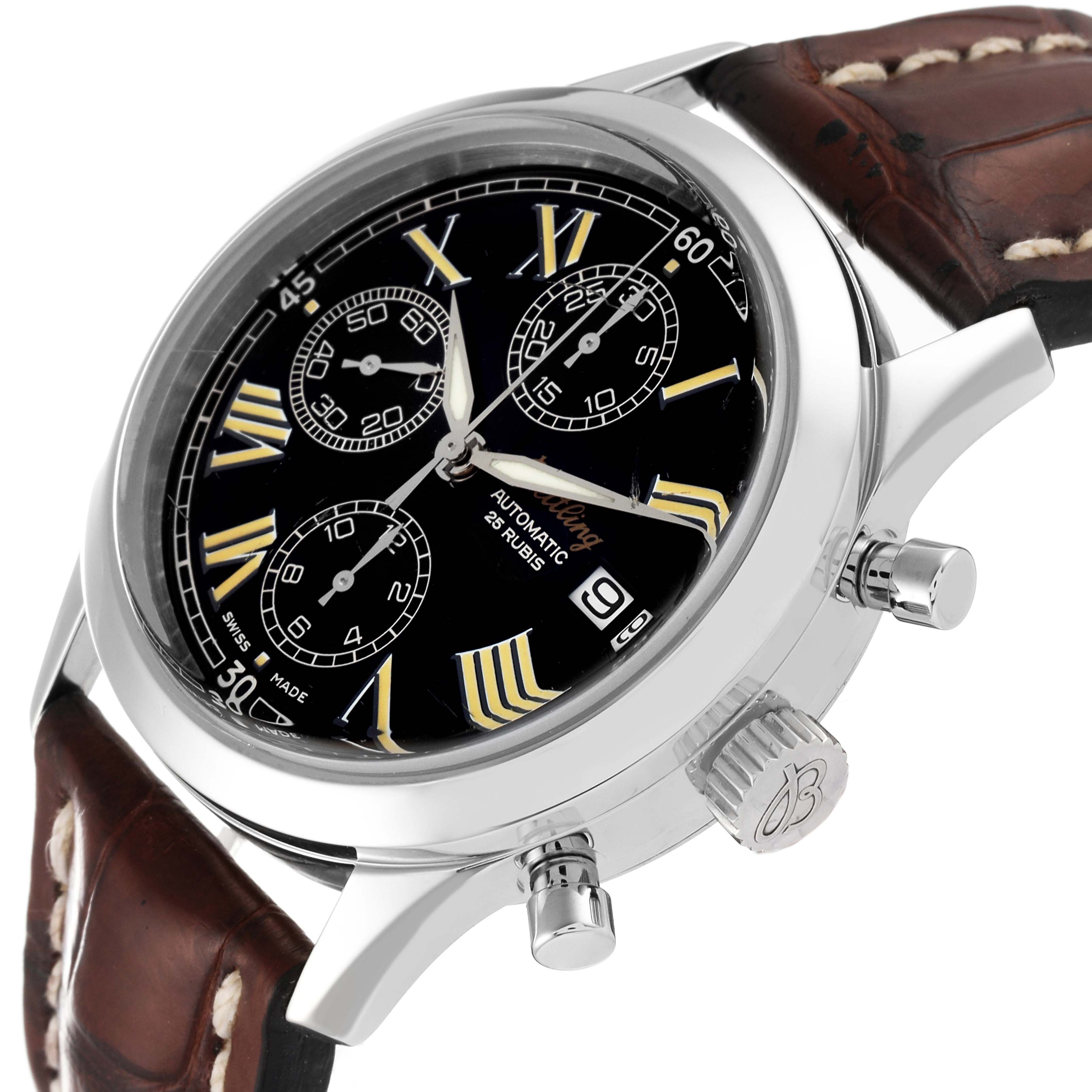 The image shows the face, side buttons, and part of the leather strap of the Breitling Premier A130241 Men's Stainless Steel Black Dial A130241 Men's Stainless Steel Black Dial watch at an angled view.
