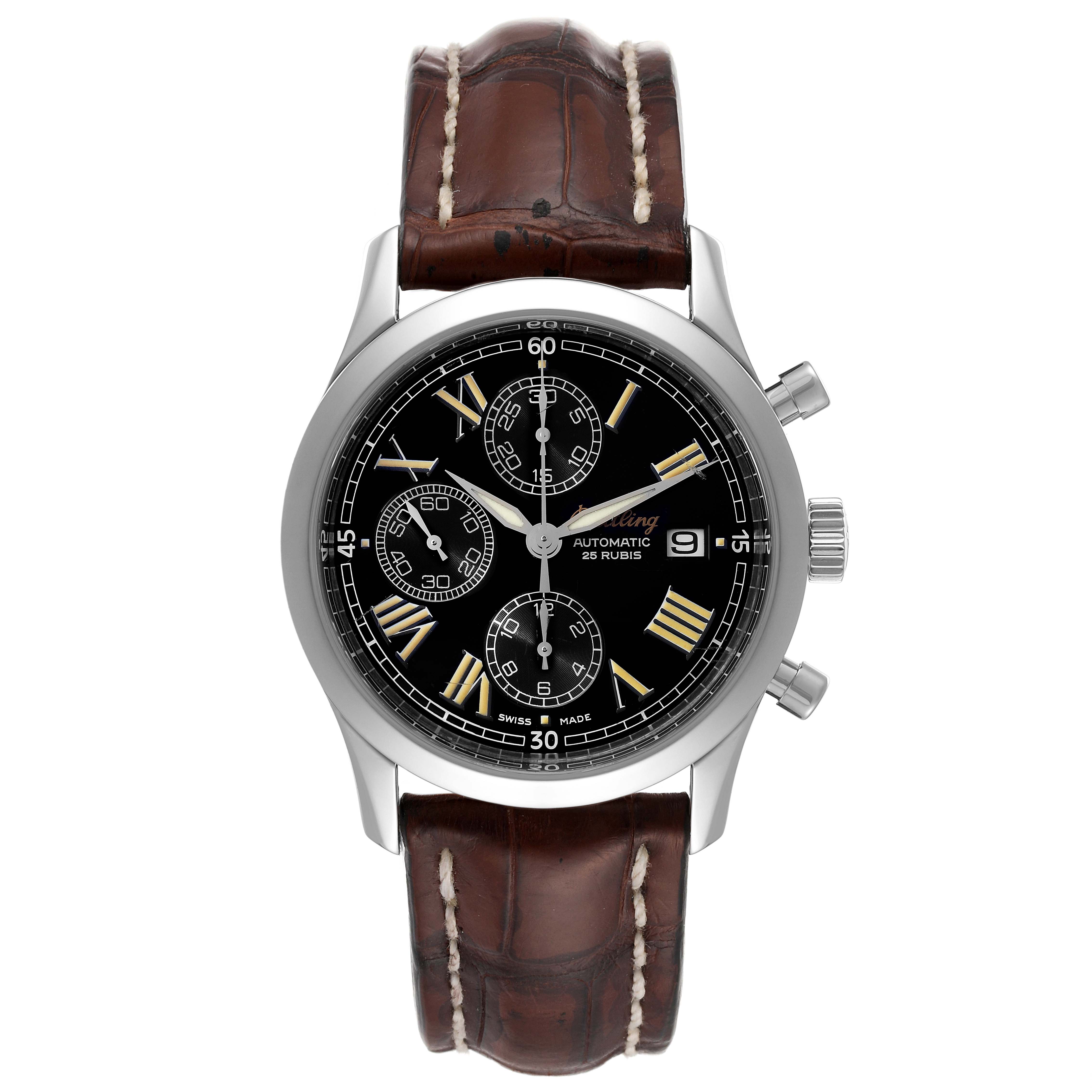 The Breitling Premier A130241 Men's Stainless Steel Black Dial A130241 Men's Stainless Steel Black Dial model watch is shown from a front angle, displaying the face, bezel, crown, pushers, and leather strap.