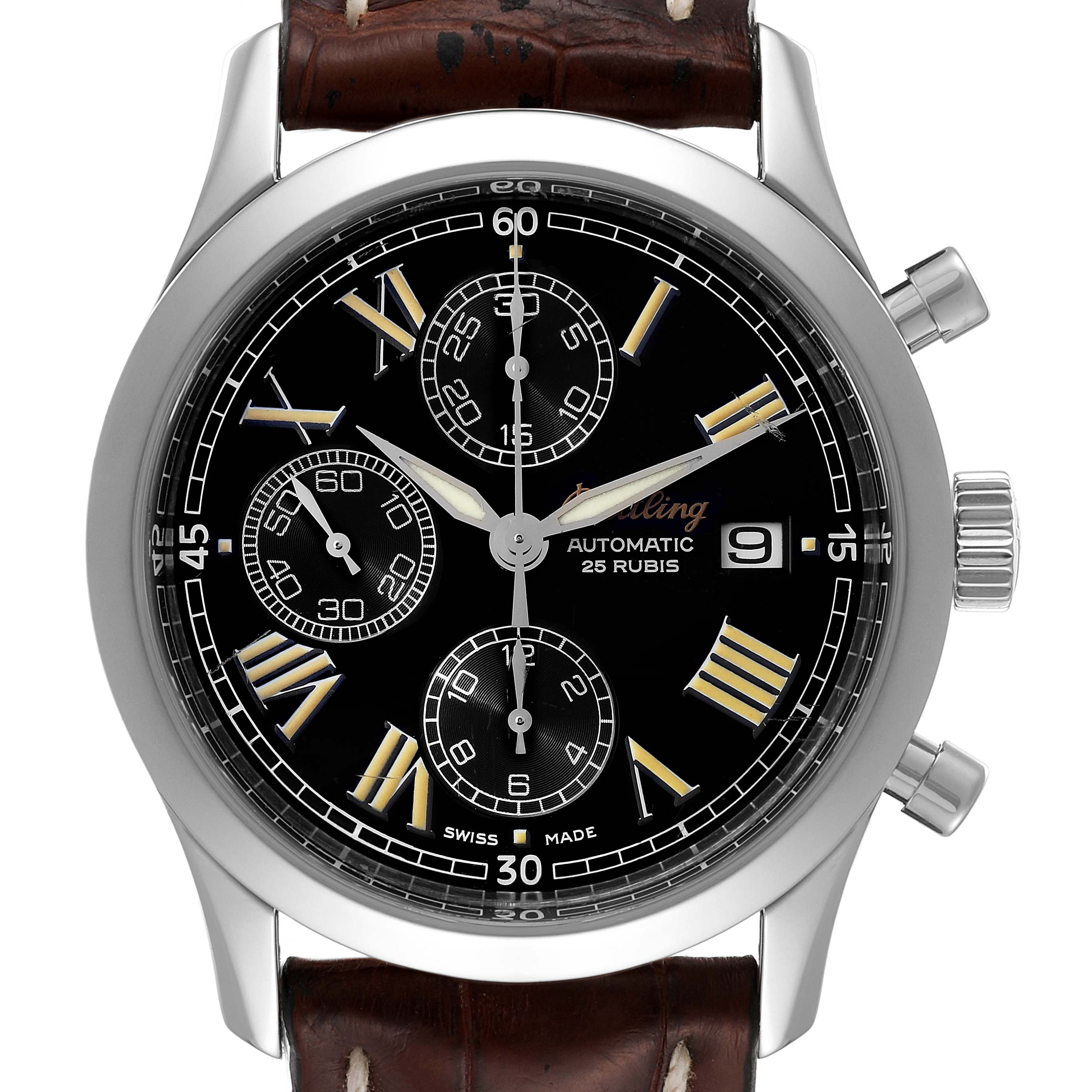 This image showcases a frontal view of the Breitling Premier A130241 Men's Stainless Steel Black Dial A130241 Men's Stainless Steel Black Dial watch, highlighting its dial, subdials, hands, and date window.