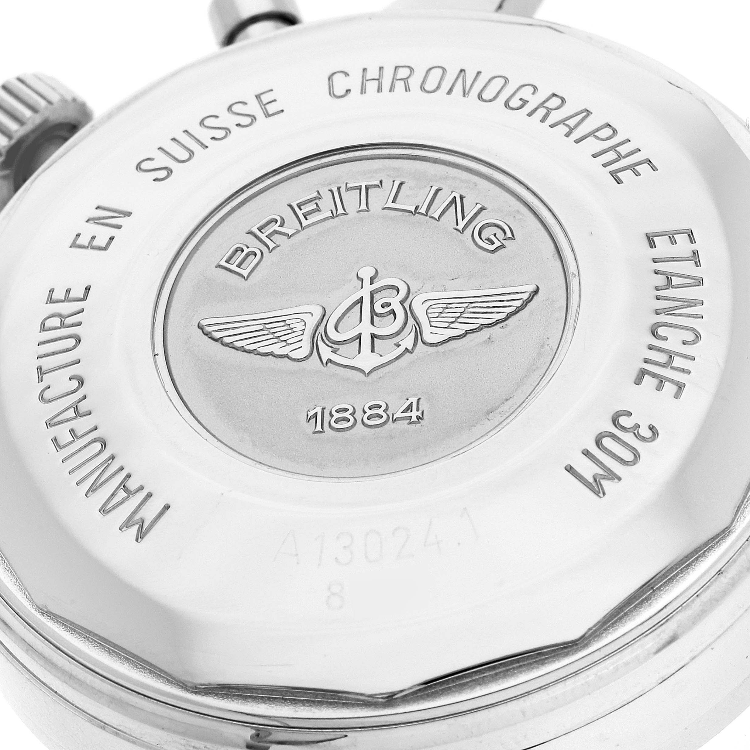 The image shows the back casing of the Breitling Premier A130241 Men's Stainless Steel Black Dial A130241 Men's Stainless Steel Black Dial watch, featuring brand engravings and model details.