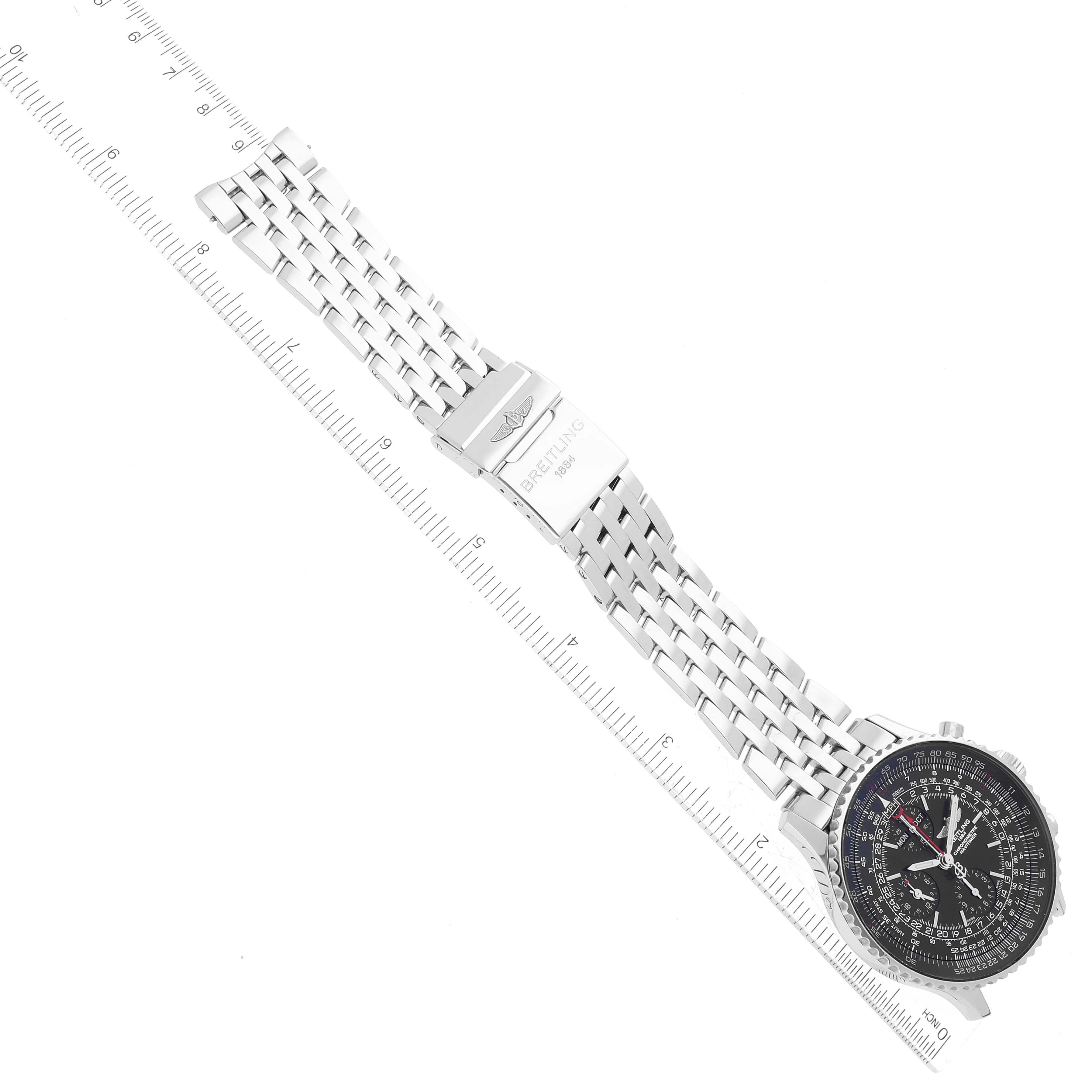 This Breitling Limited Series watch is shown from an overhead angle, displaying the dial, stainless steel bracelet, and clasp.