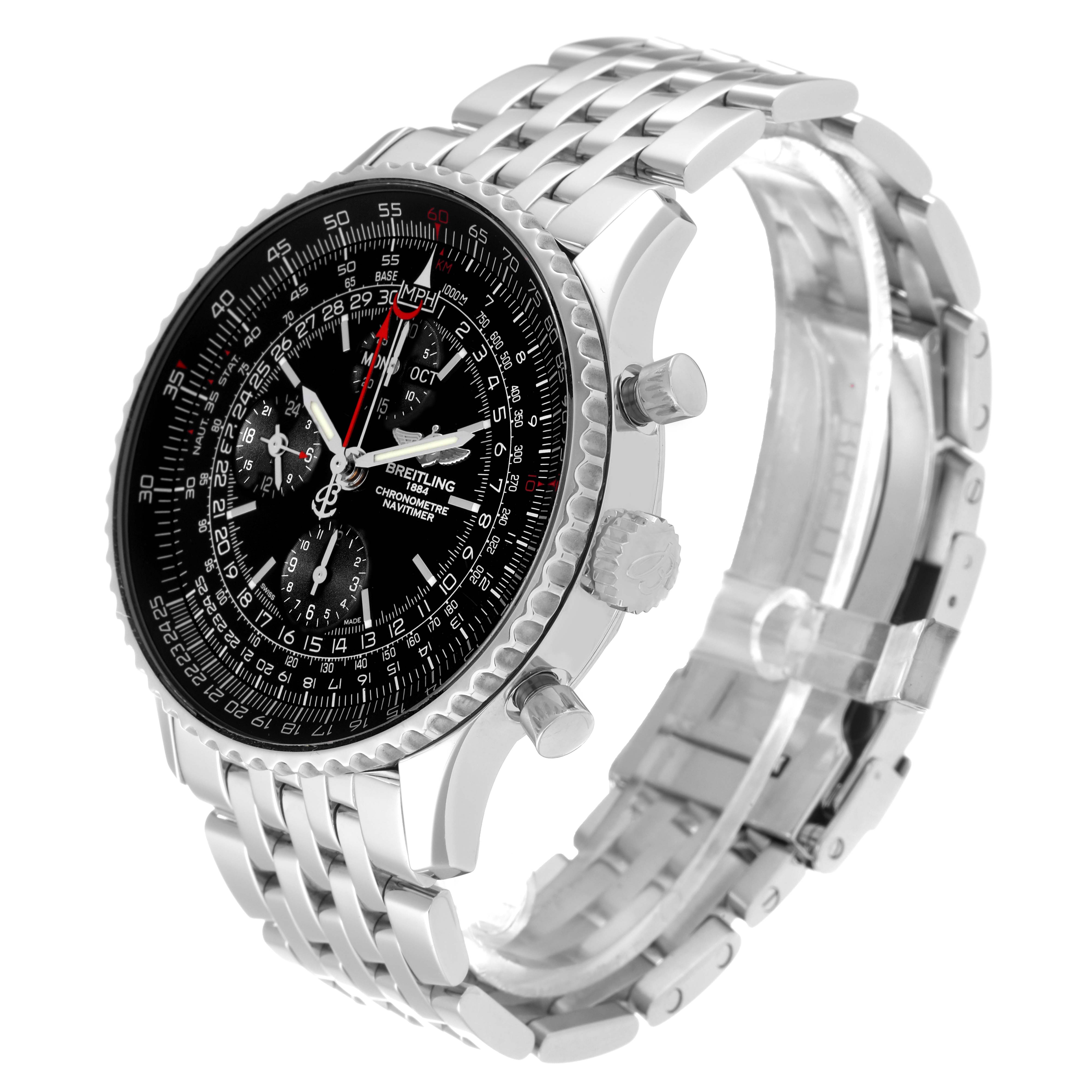 The Breitling Limited Series watch is shown at a 3/4 angle, displaying the face, bezel, crown, and metal bracelet.
