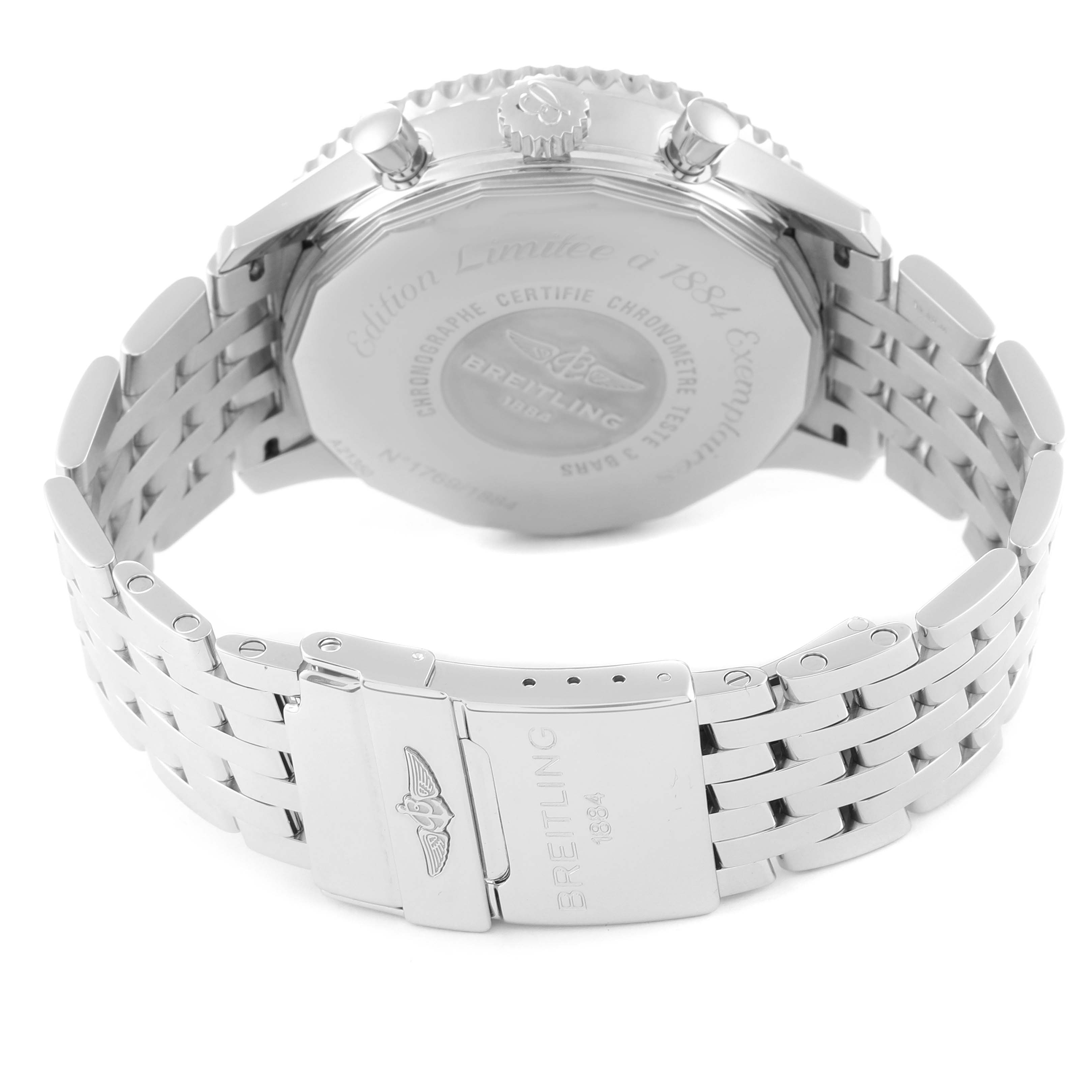 The image shows the back case and metal bracelet of the Breitling Limited Series model watch from a rear angle.