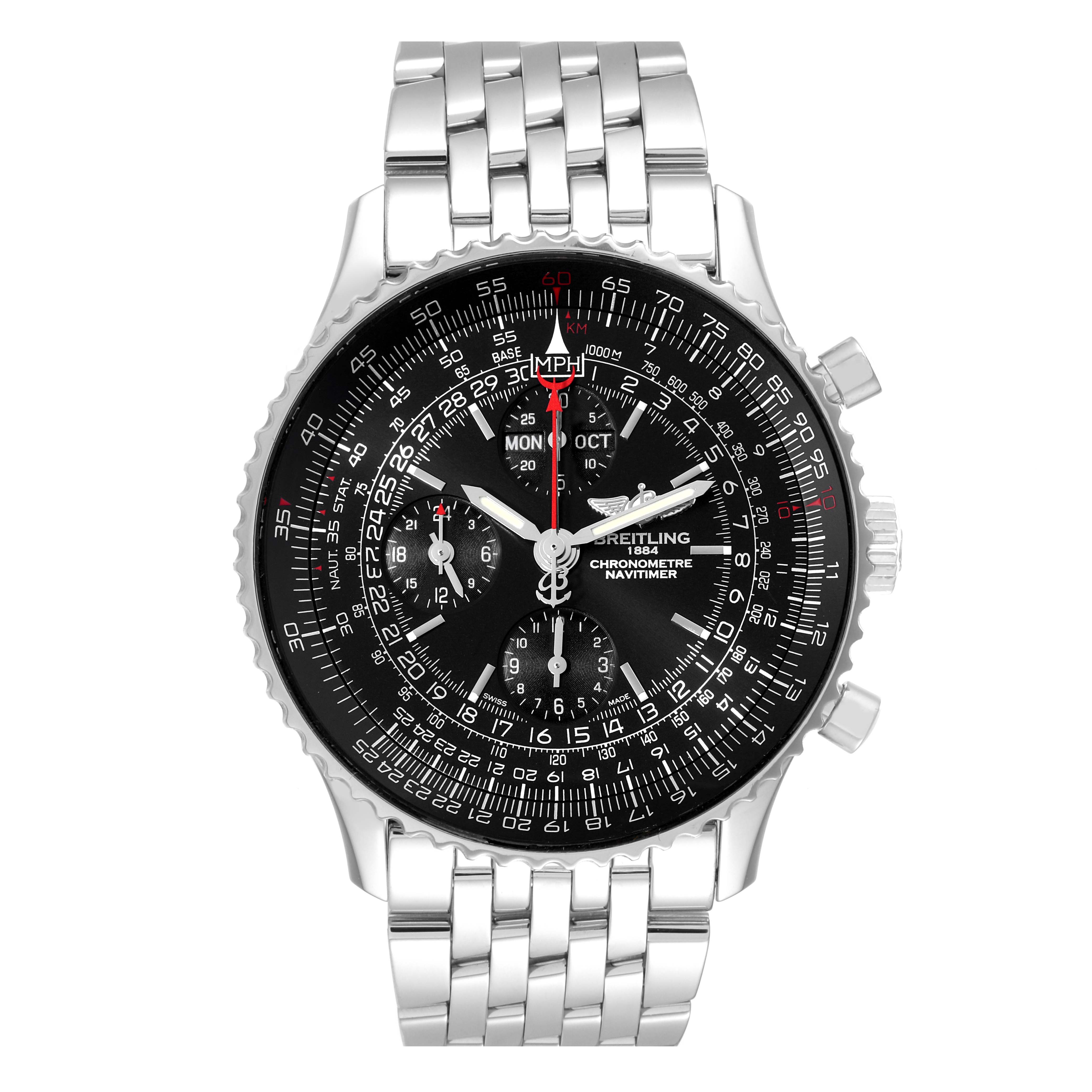 The image shows a front view of the Breitling Limited Series Navitimer watch including its face and bracelet.