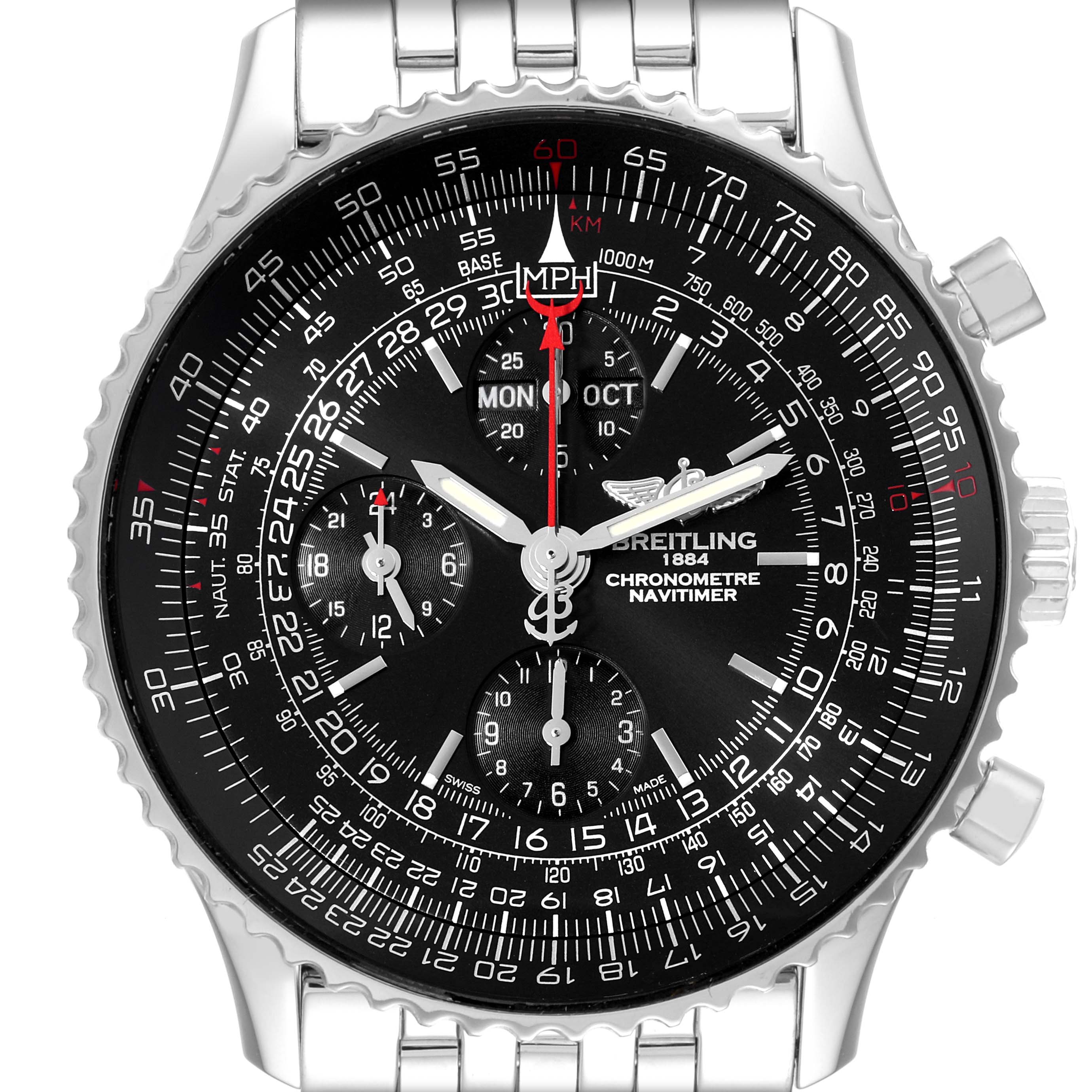 The image shows a Breitling Navitimer A2135024/BE62 Men
s Stainless Steel Black Dial A2135024/BE62 Men
s Stainless Steel Black Dial watch from the front, highlighting the dial, bezel, and metal bracelet.