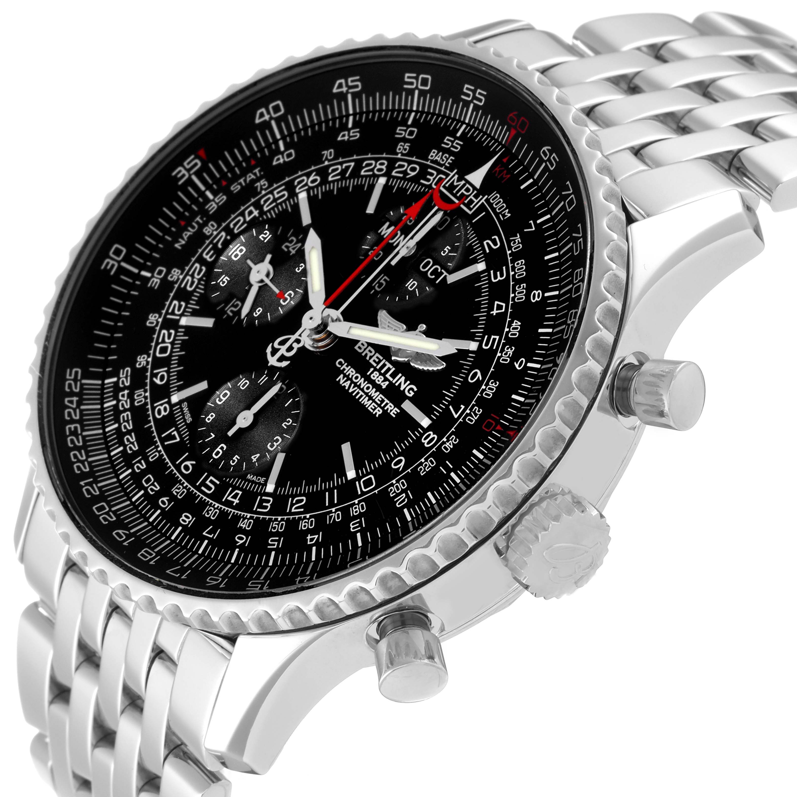 The image shows a close-up side angle of the Breitling Limited Series watch, highlighting the dial, bezel, pushers, crown, and part of the metal bracelet.