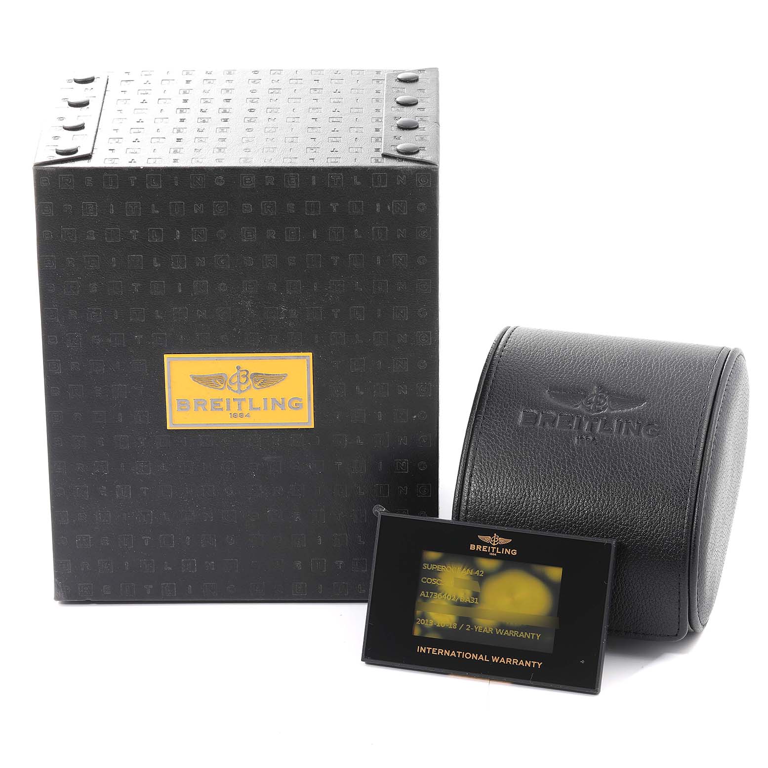 The image shows the Breitling Superocean A17364 Men's Stainless Steel Black Dial A17364 Men's Stainless Steel Black Dial watch packaging, including a branded box, leather case, and warranty card.