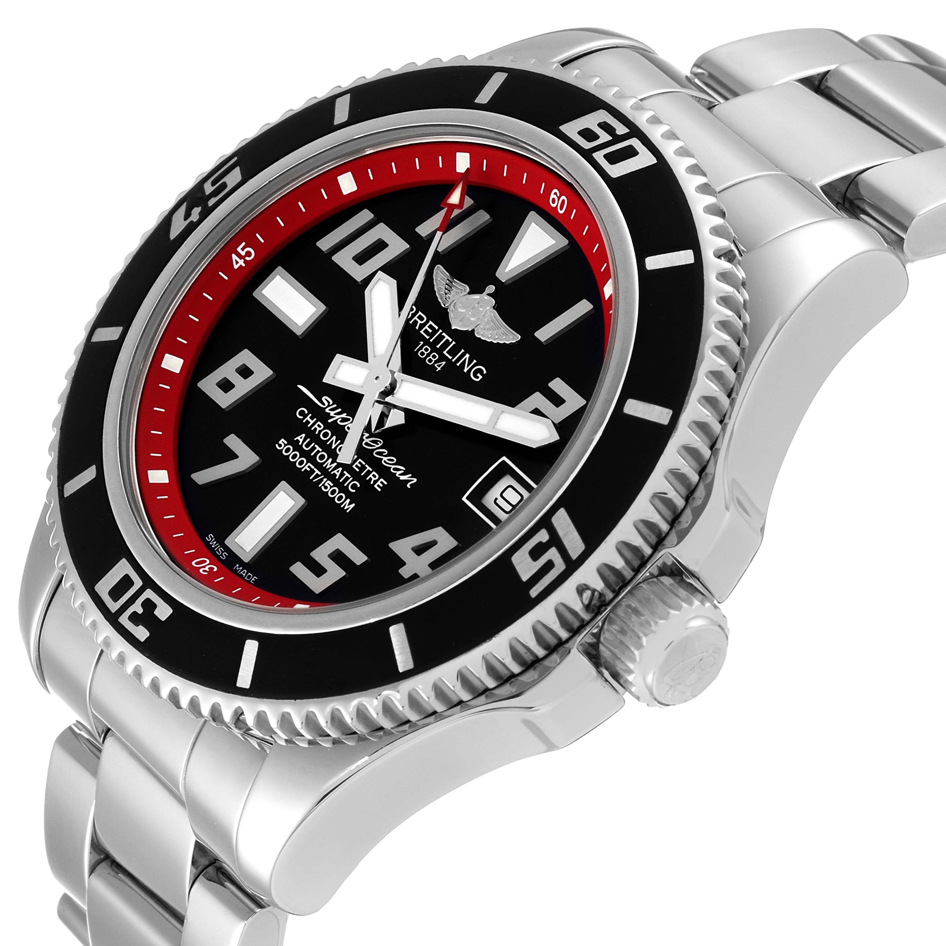 The image shows a Breitling Superocean A17364 Men's Stainless Steel Black Dial A17364 Men's Stainless Steel Black Dial watch at an angled side view, displaying the face, bezel, crown, and part of the bracelet.