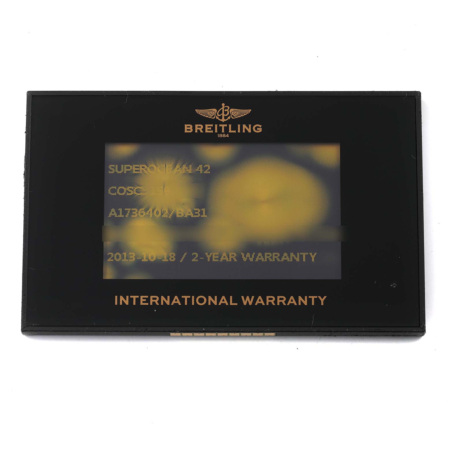The image shows an International Warranty card for the Breitling Superocean A17364 Men's Stainless Steel Black Dial A17364 Men's Stainless Steel Black Dial watch model.