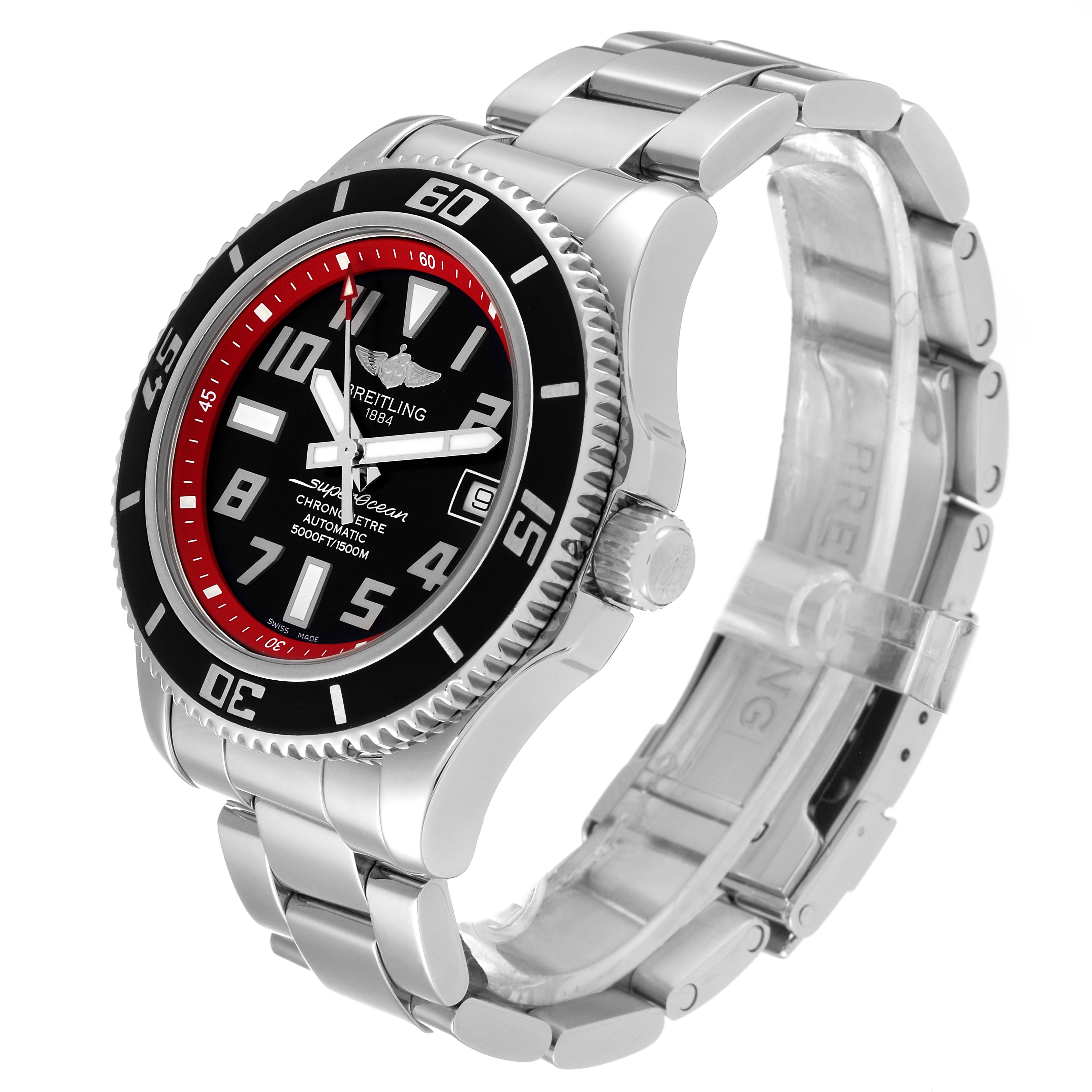 The image shows a side angle of the Breitling Superocean A17364 Men's Stainless Steel Black Dial A17364 Men's Stainless Steel Black Dial watch, displaying its dial, bezel, crown, and stainless steel bracelet.