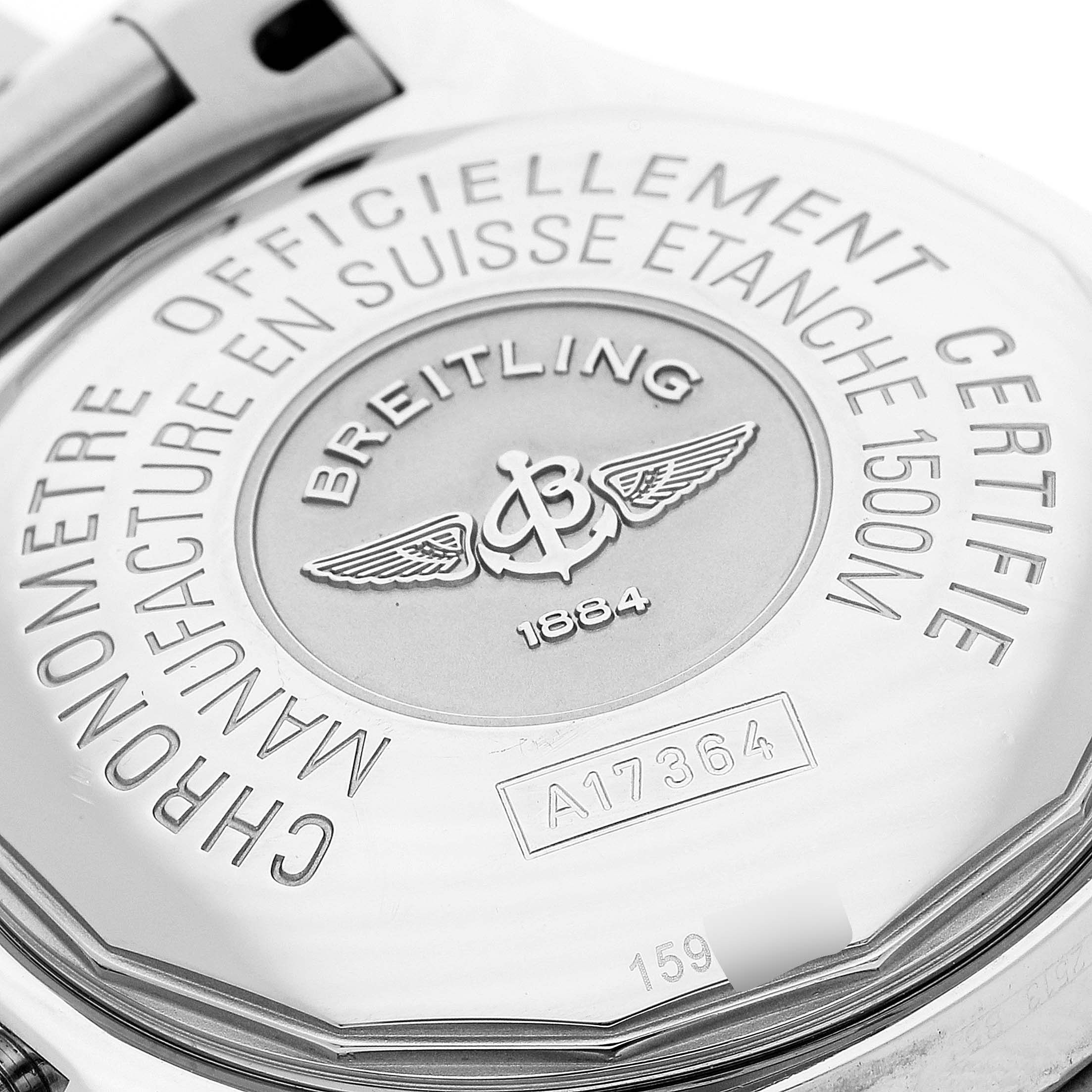 This image shows the back case of a Breitling Superocean A17364 Men's Stainless Steel Black Dial A17364 Men's Stainless Steel Black Dial watch, featuring the brand logo, model number, and specifications.