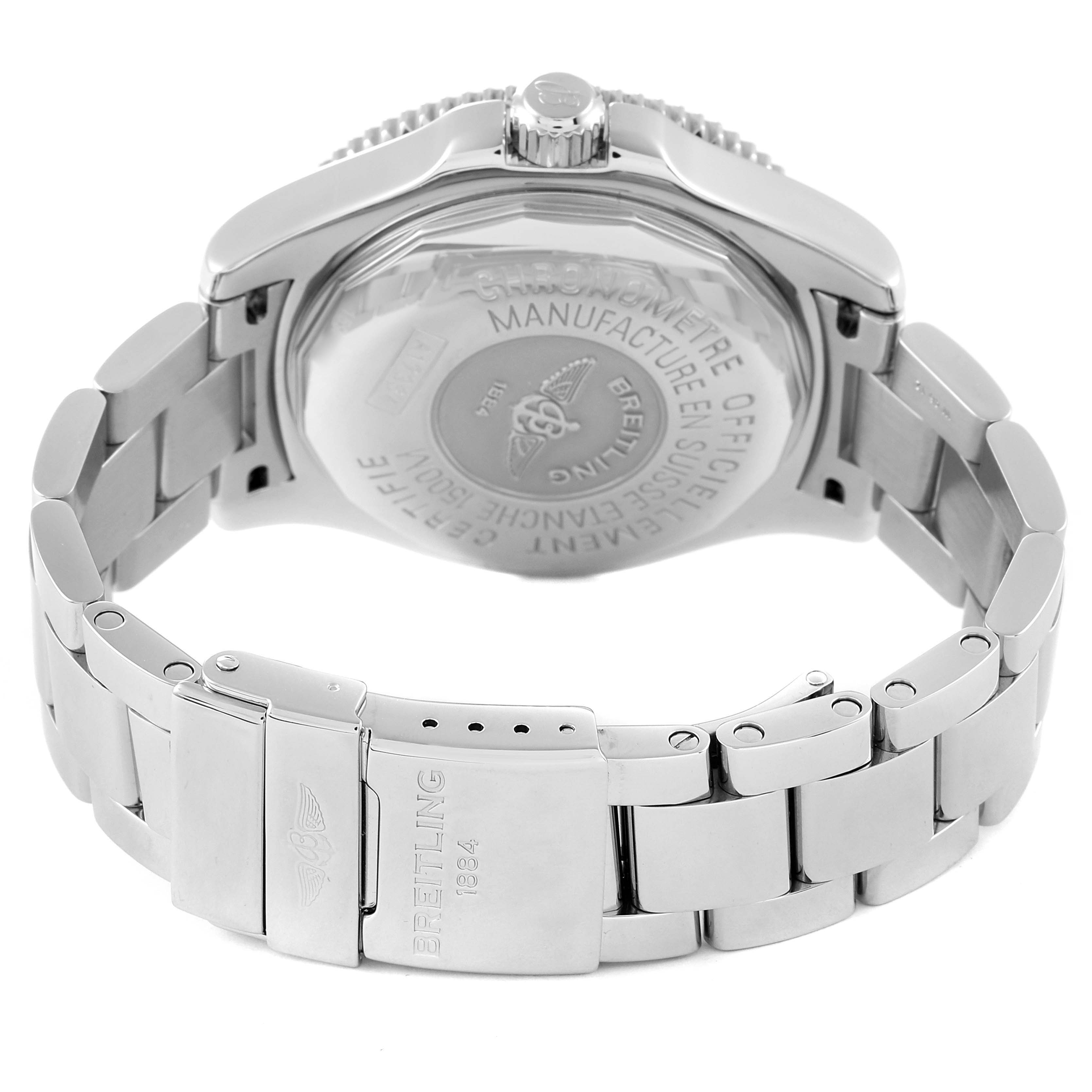 The image shows the reverse side of a Breitling Superocean A17364 Men's Stainless Steel Black Dial A17364 Men's Stainless Steel Black Dial watch, highlighting its stainless steel bracelet and case back.