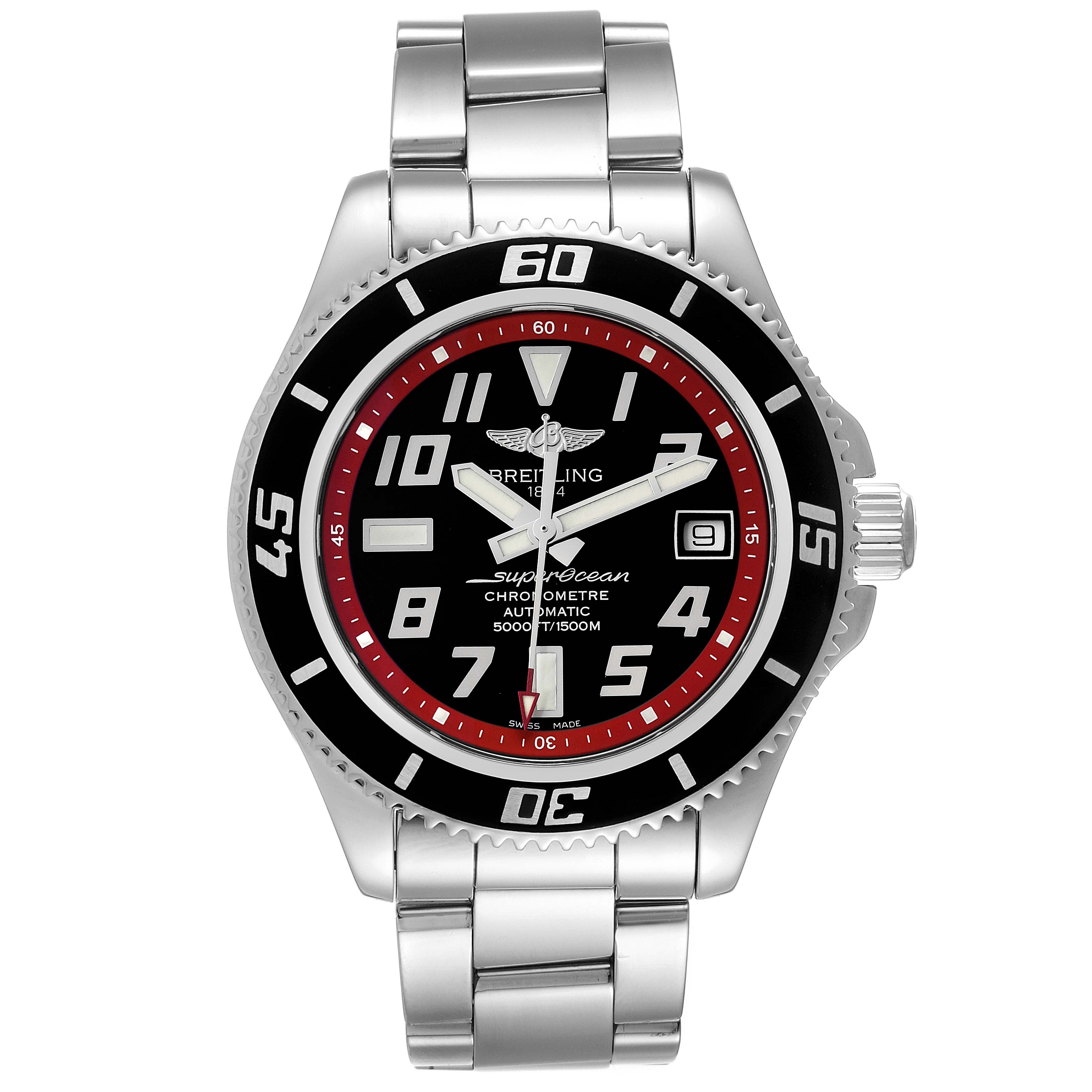 This is a front view of a Breitling Superocean A17364 Men's Stainless Steel Black Dial A17364 Men's Stainless Steel Black Dial watch, showing the dial, bezel, bracelet, and crown.