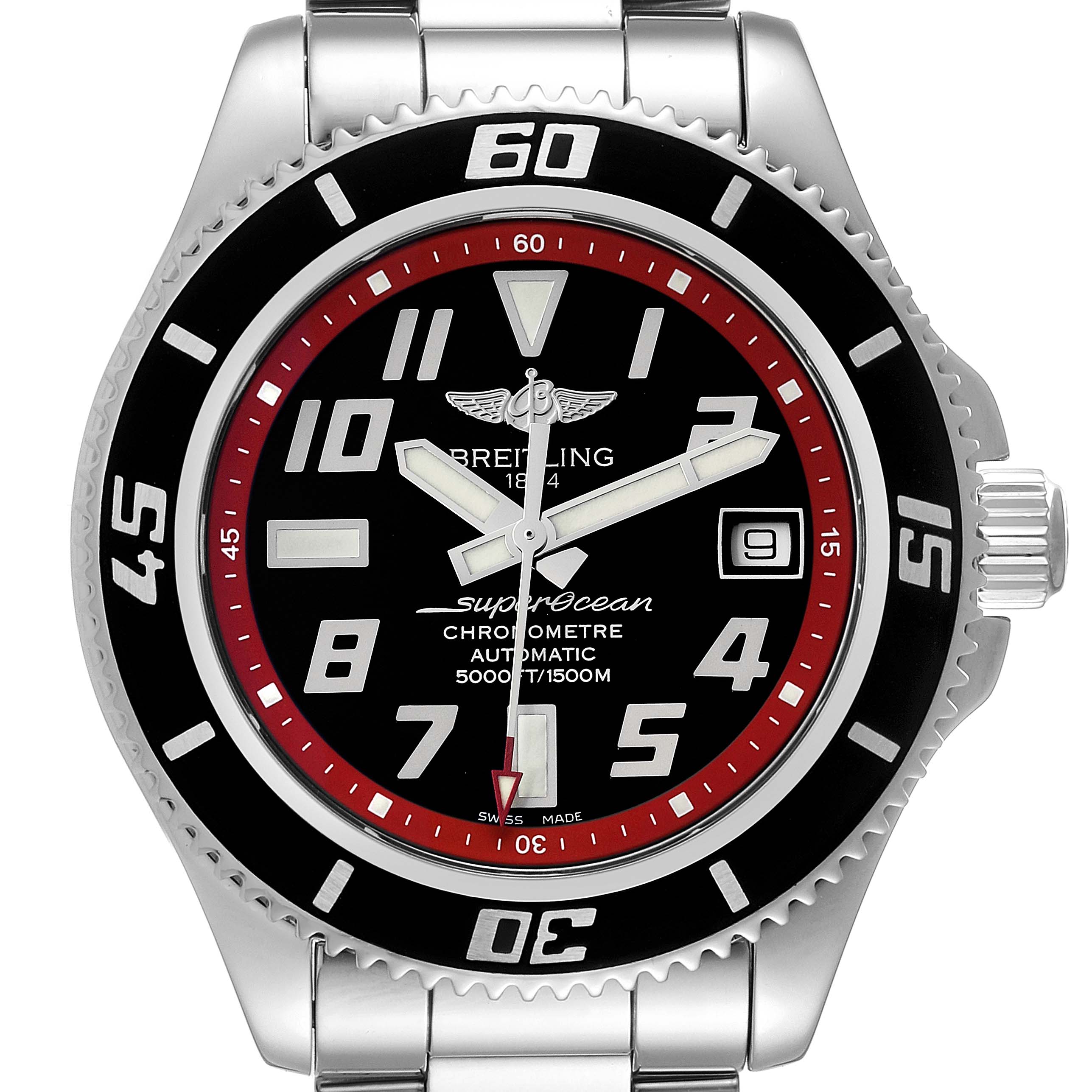 The image shows a frontal view of a Breitling Superocean A17364 Men's Stainless Steel Black Dial A17364 Men's Stainless Steel Black Dial watch, featuring its dial, bezel, and part of the bracelet.