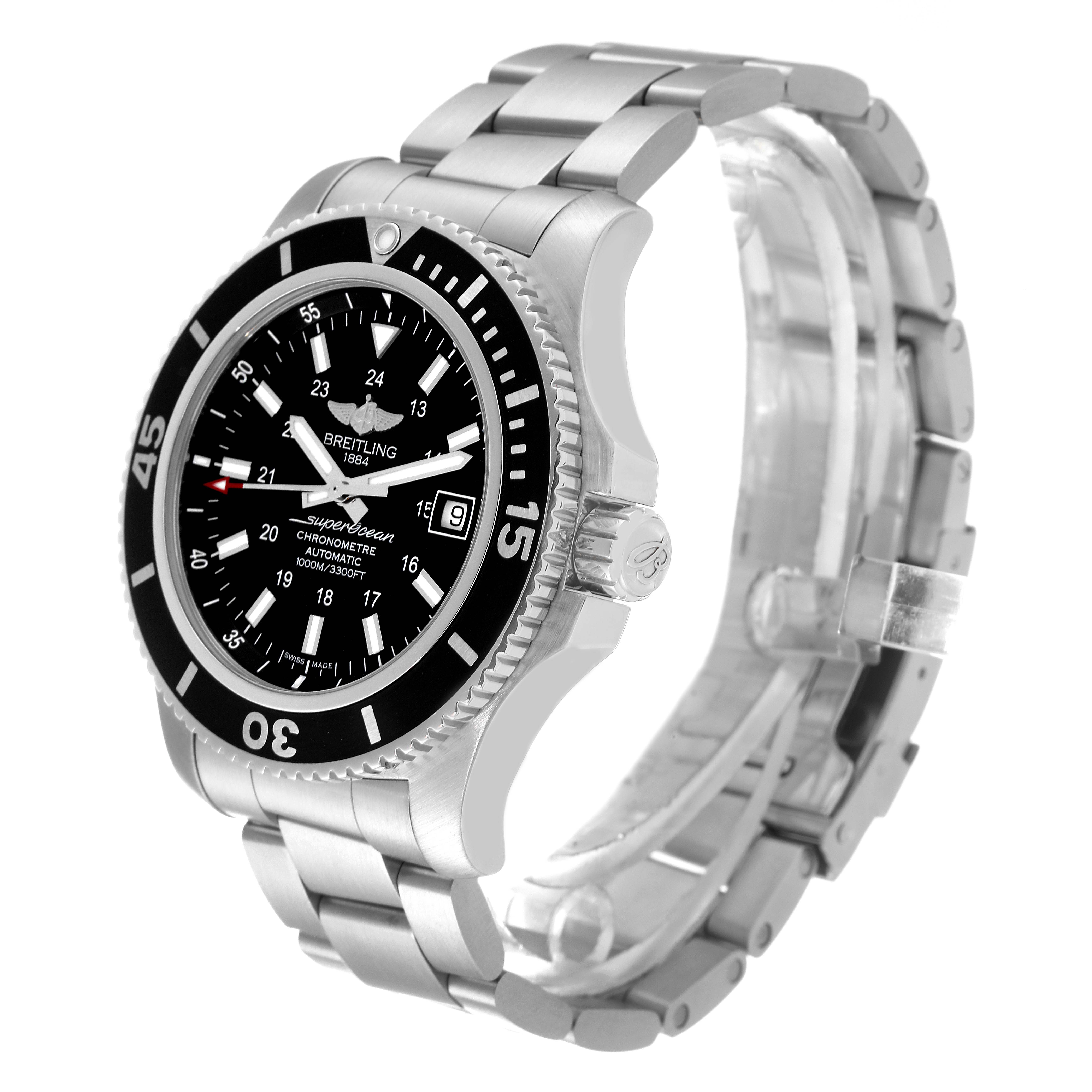 The image shows a side angle view of the Breitling Superocean A17392 Men's Stainless Steel Black Dial A17392 Men's Stainless Steel Black Dial watch, highlighting the dial, bezel, crown, and metal bracelet.