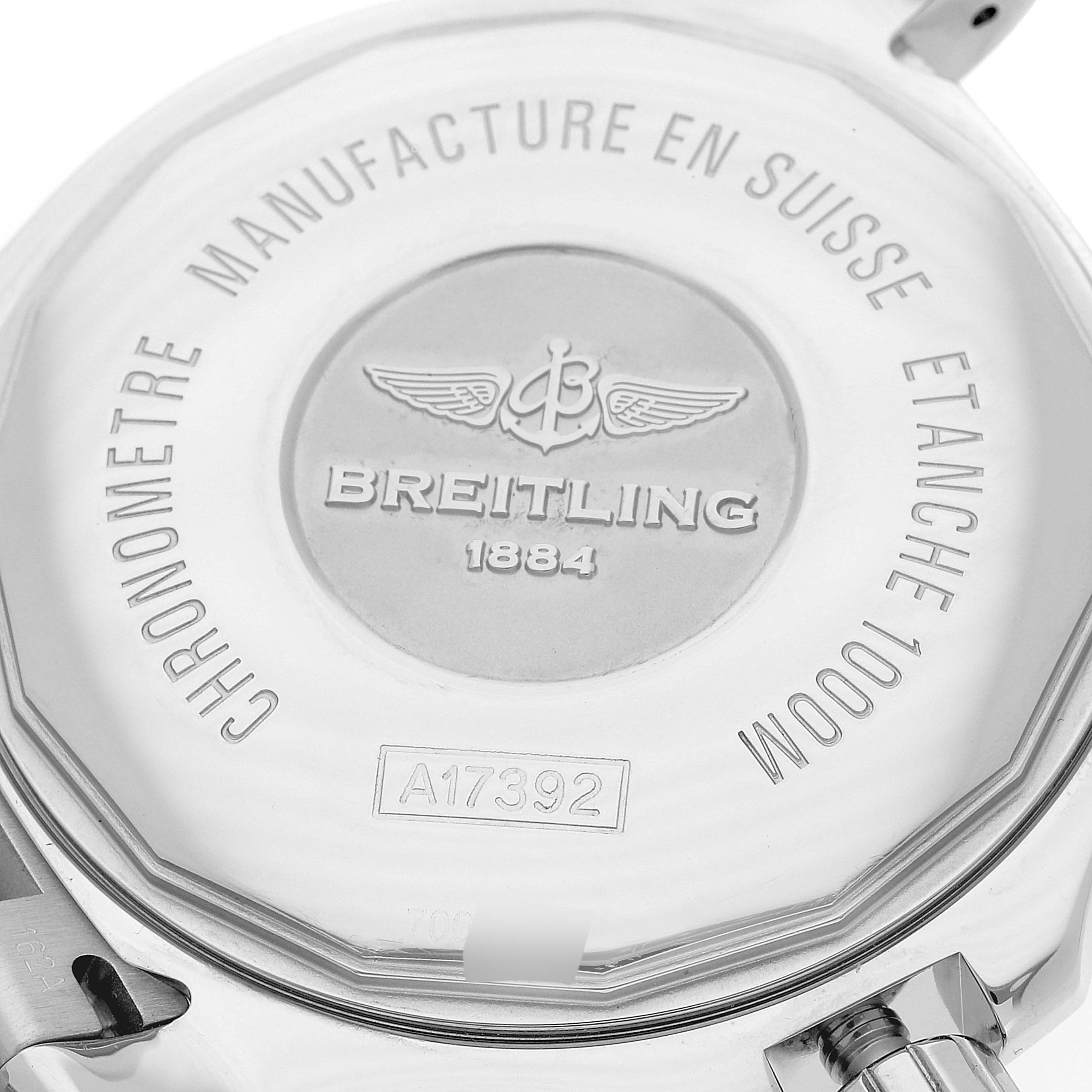 This is an underside view of the Breitling Superocean A17392 Men's Stainless Steel Black Dial A17392 Men's Stainless Steel Black Dial watch, showing the caseback details.