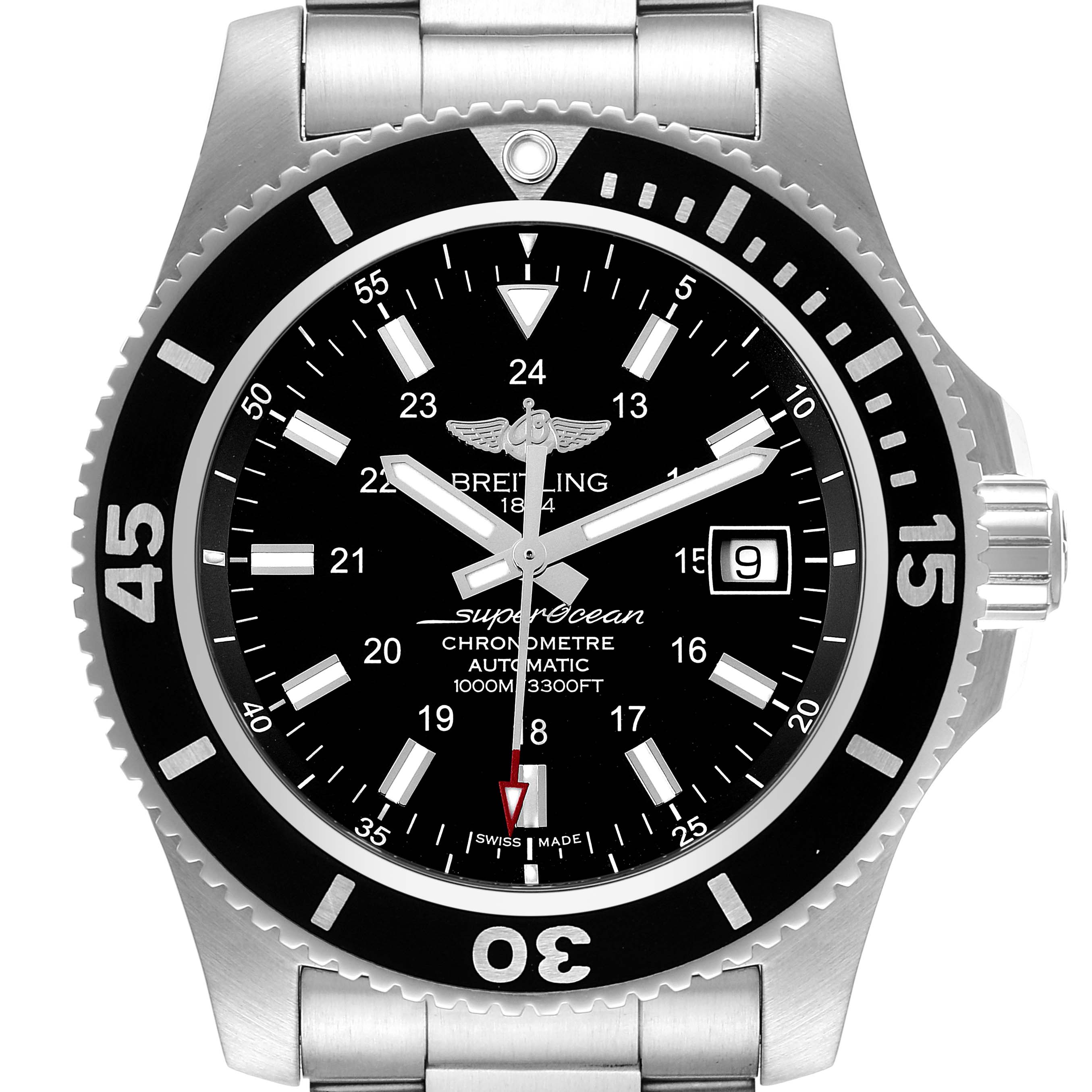 The image shows a Breitling Superocean A17392 Men's Stainless Steel Black Dial A17392 Men's Stainless Steel Black Dial watch from a front view, displaying the dial, bezel, and part of the metal bracelet.