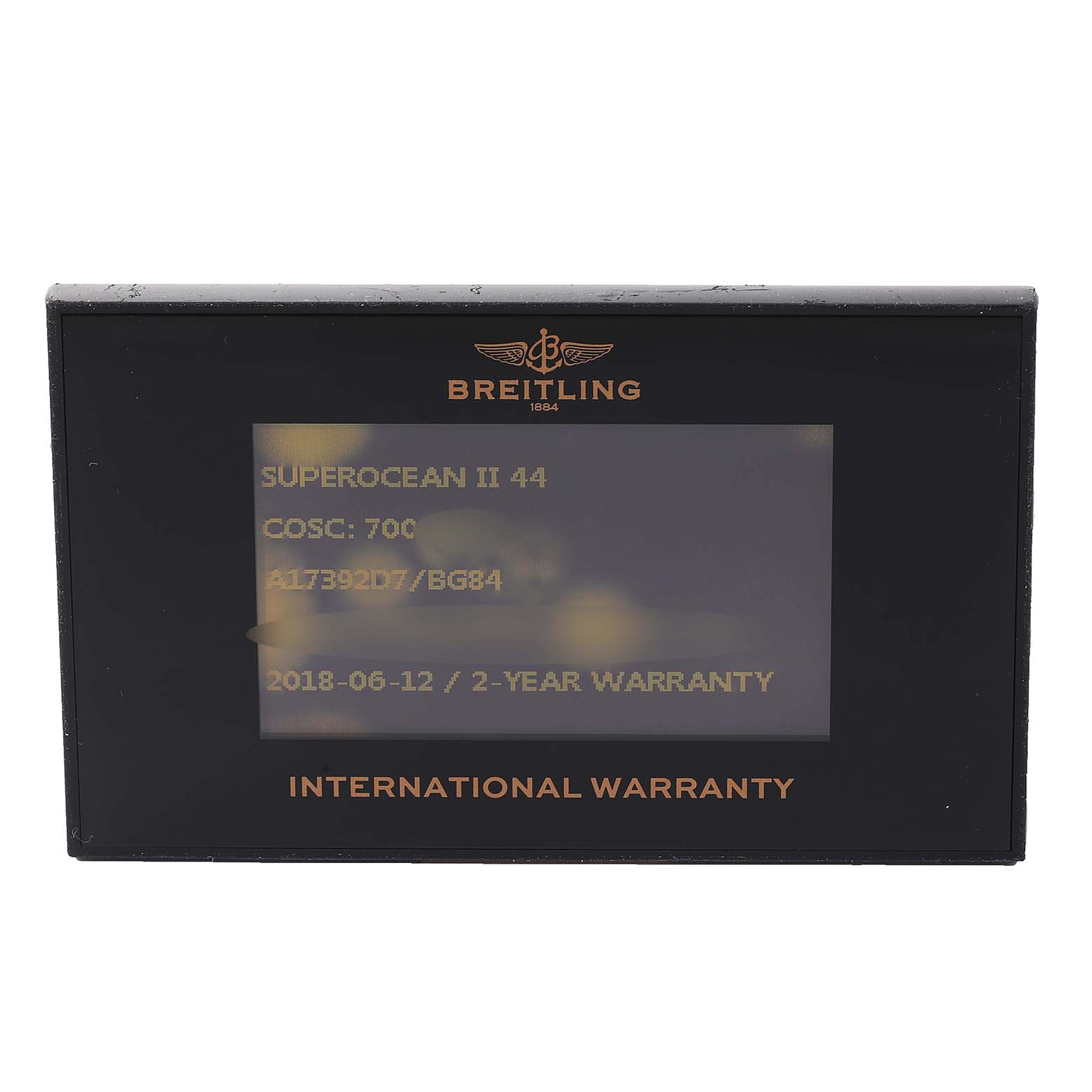 This image shows the international warranty card for the Breitling Superocean A17392 Men's Stainless Steel Black Dial A17392 Men's Stainless Steel Black Dial II 44 model.