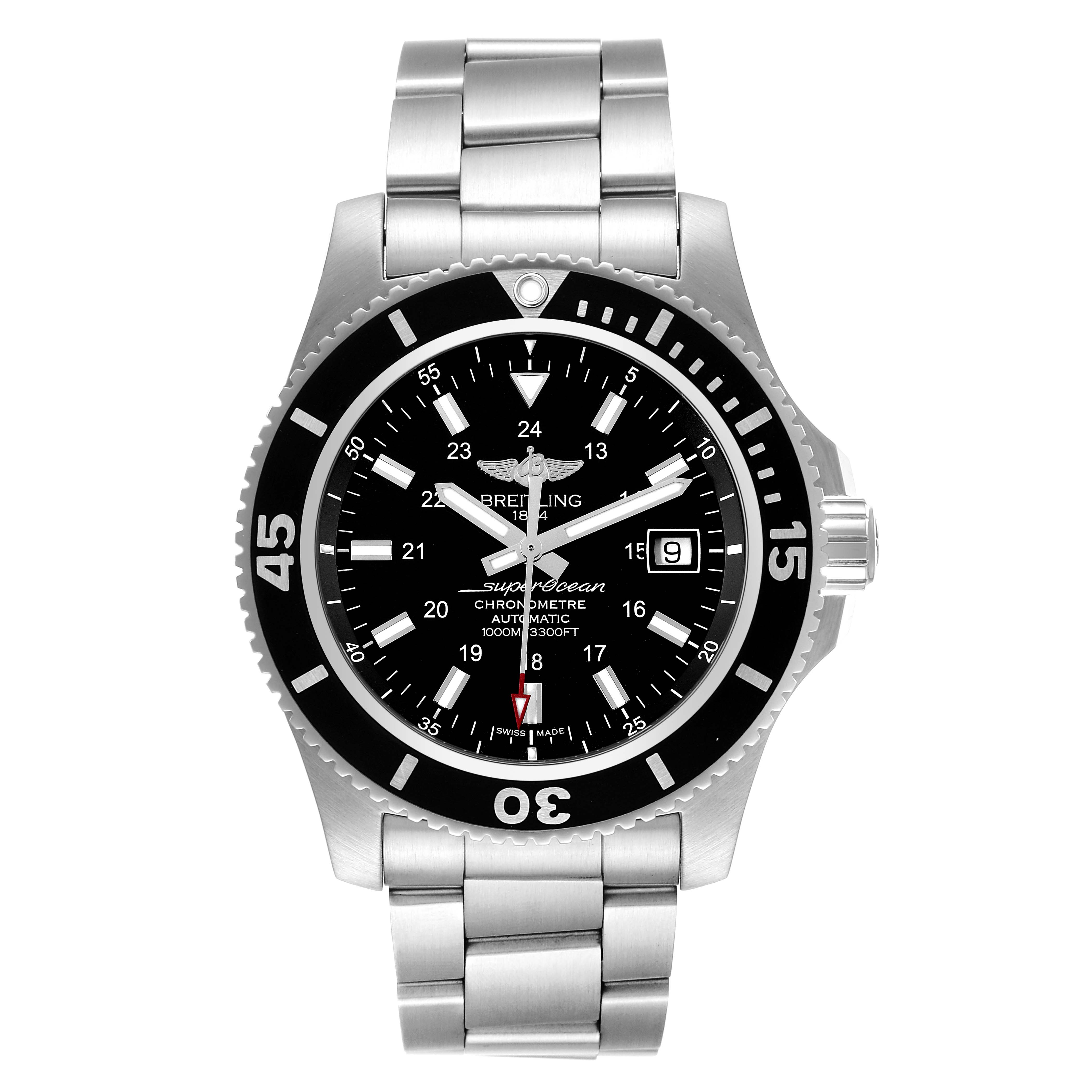 The image shows a front view of a Breitling Superocean A17392 Men's Stainless Steel Black Dial A17392 Men's Stainless Steel Black Dial watch, displaying its dial, bezel, and stainless steel bracelet.