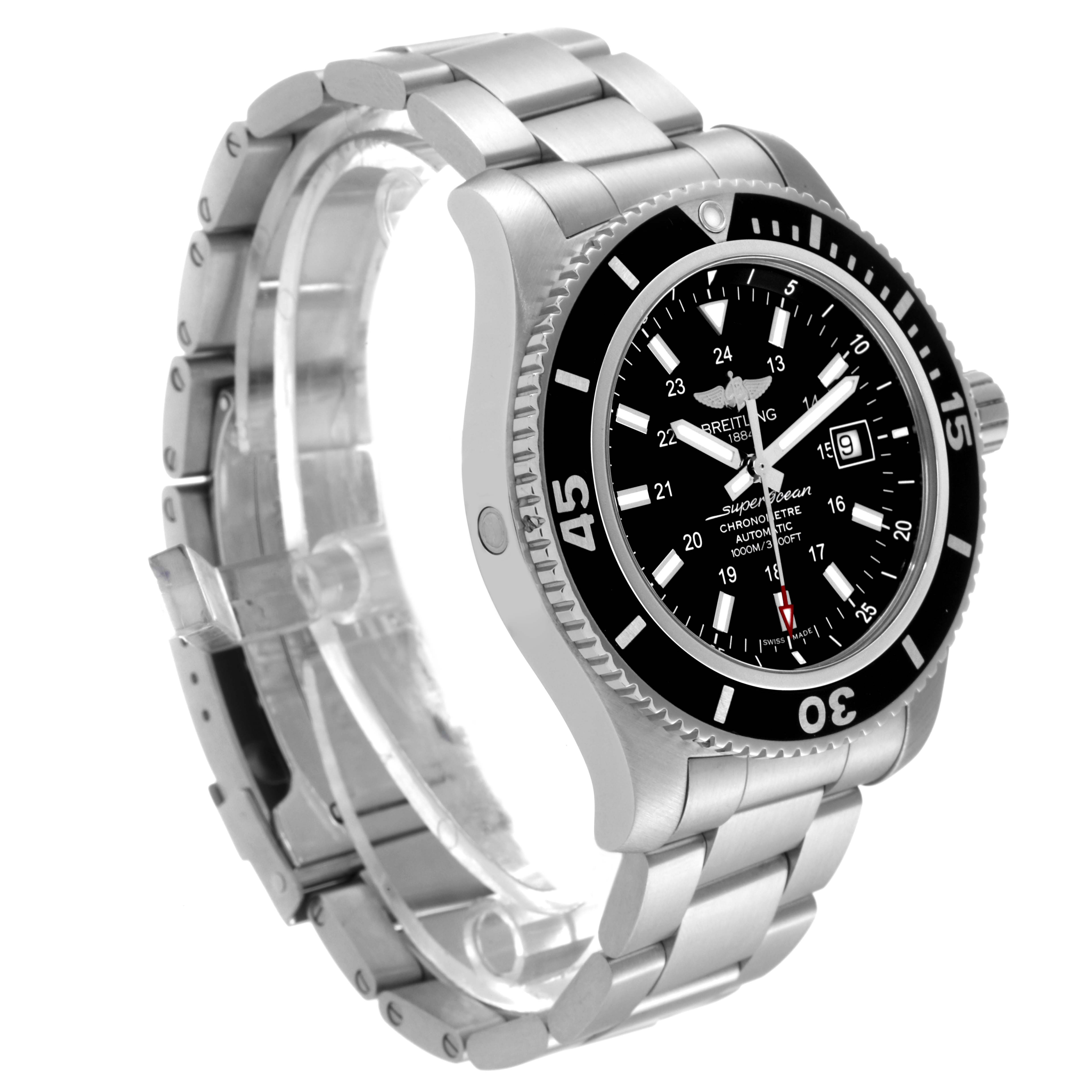 The Breitling Superocean A17392 Men's Stainless Steel Black Dial A17392 Men's Stainless Steel Black Dial watch is shown at a three-quarter angle, highlighting the face, bezel, and metal bracelet.