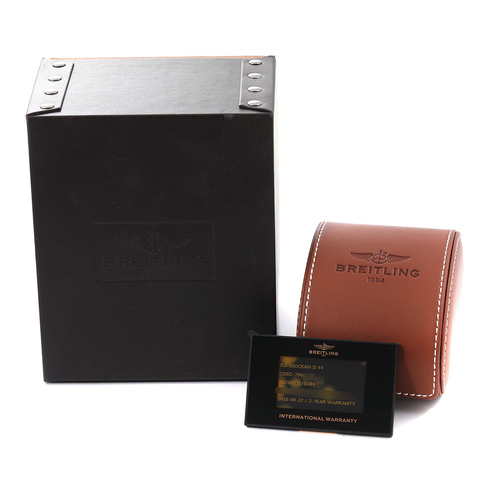 The image shows the box, leather case, and warranty card for the Breitling Superocean A17392 Men's Stainless Steel Black Dial A17392 Men's Stainless Steel Black Dial watch.