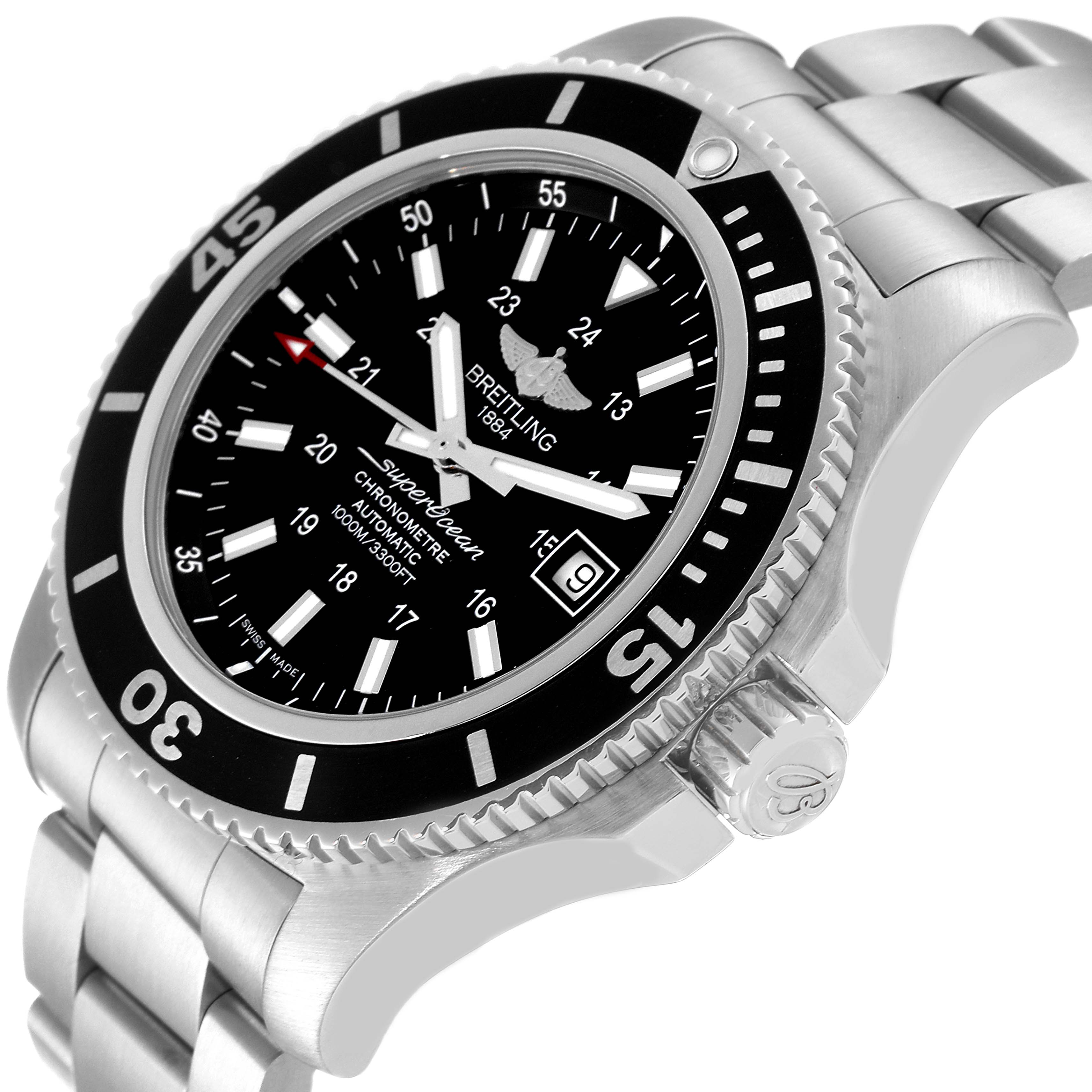 The image shows a Breitling Superocean A17392 Men's Stainless Steel Black Dial A17392 Men's Stainless Steel Black Dial watch at a slight angle, highlighting the bezel, dial, crown, and bracelet.