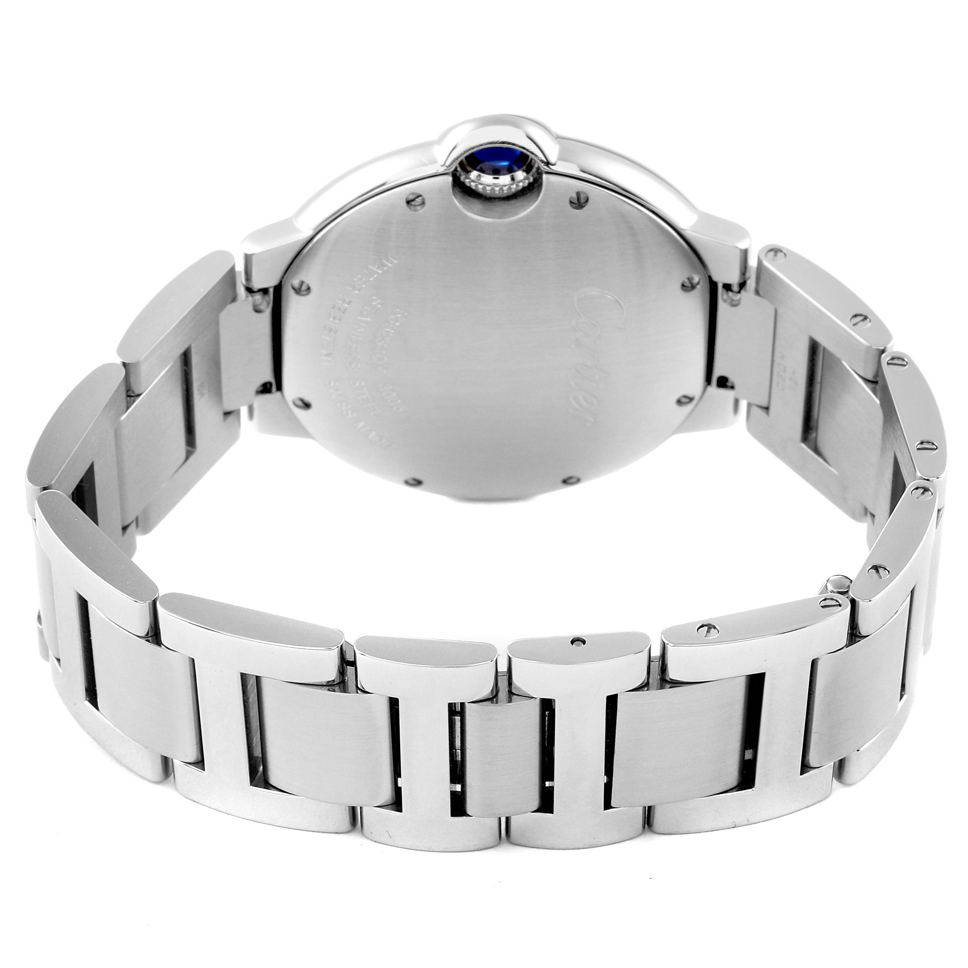 This image shows the back case and bracelet of a Ballon Bleu model by Cartier.