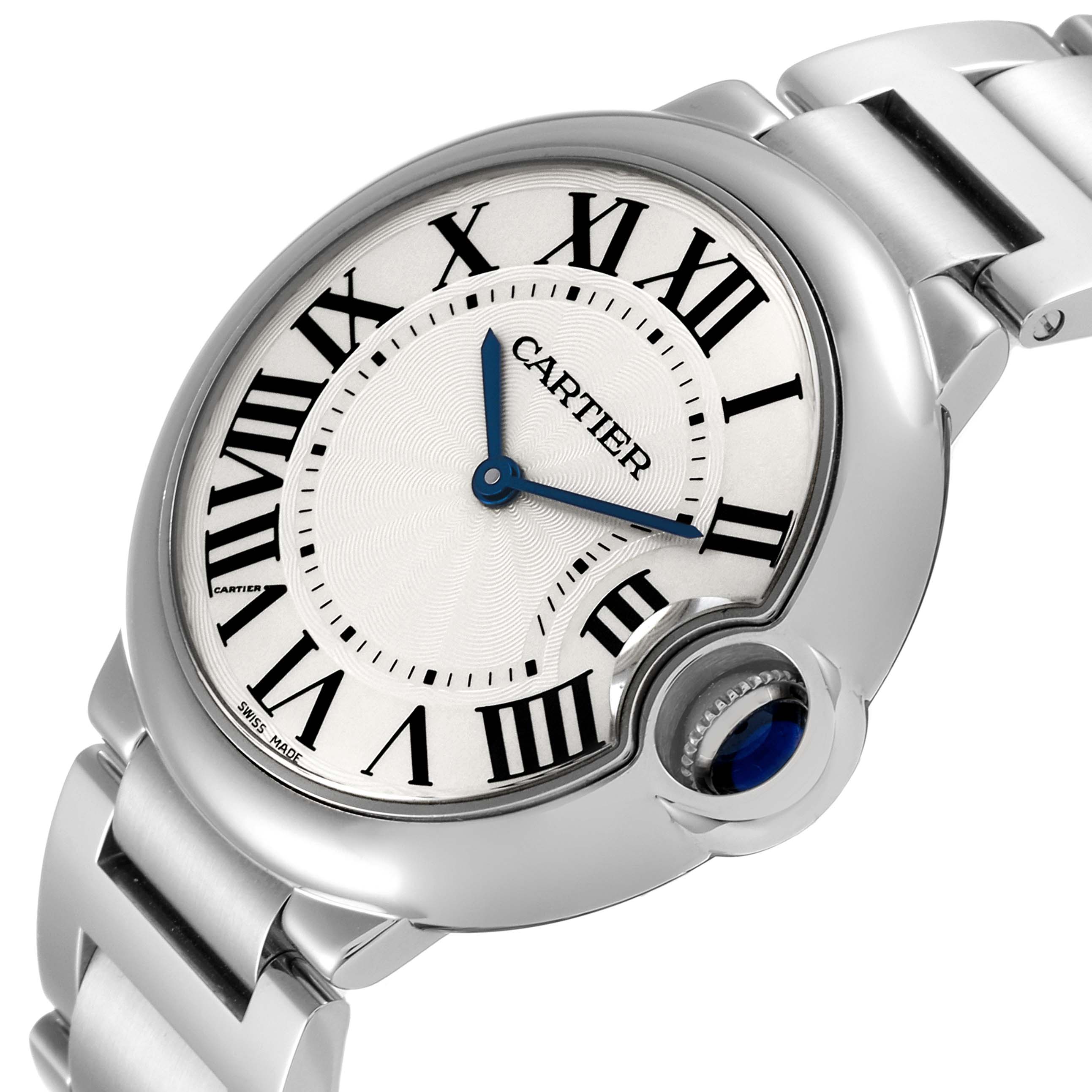 The image shows a close-up view of the Cartier Ballon Bleu W69011Z4 Men
s Stainless Steel Silver Dial W69011Z4 Men
s Stainless Steel Silver Dial model, highlighting the dial, Roman numerals, and bracelet.