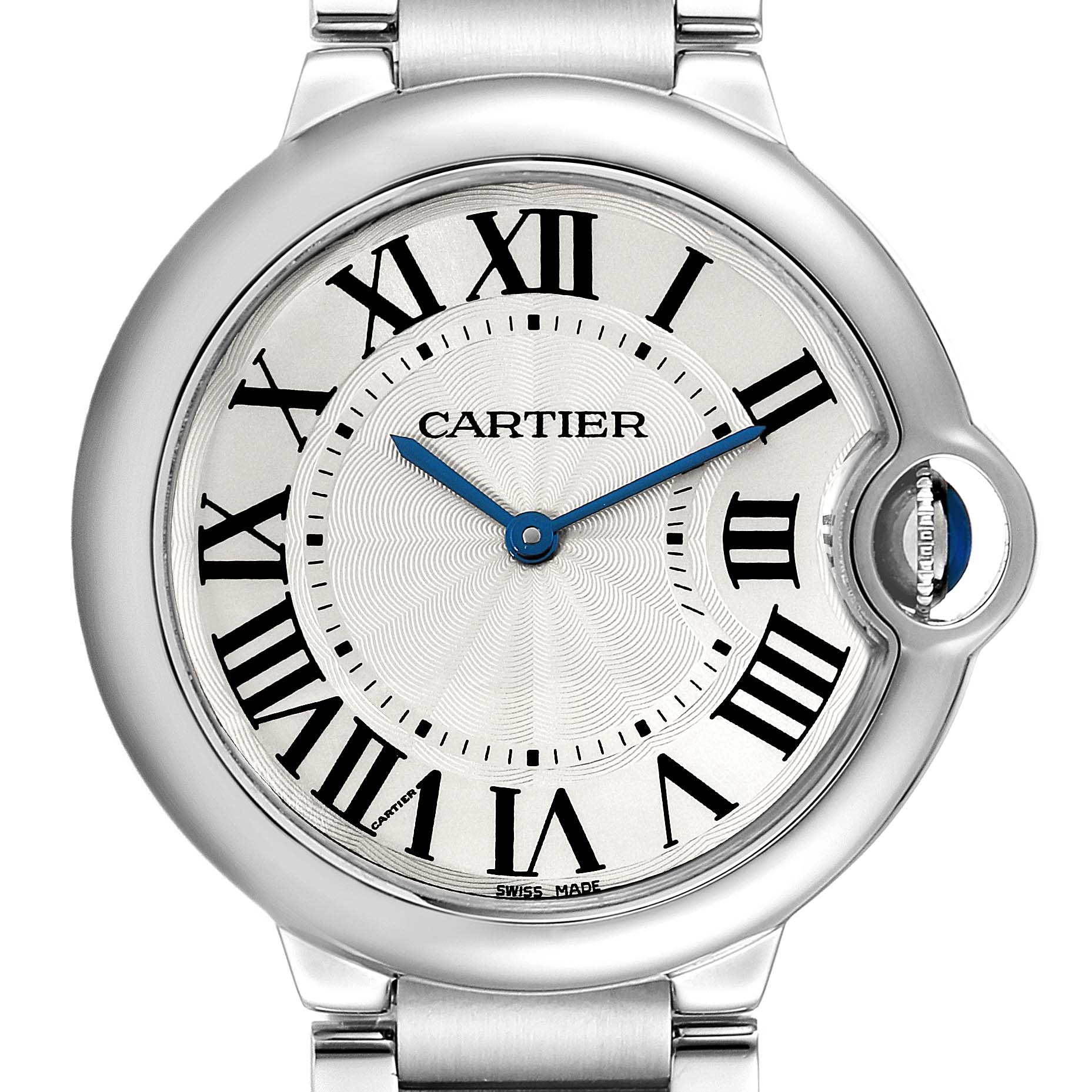This image shows a front view of the Cartier Ballon Bleu W69011Z4 Men
s Stainless Steel Silver Dial W69011Z4 Men
s Stainless Steel Silver Dial watch, highlighting its silver dial, blue hands, and Roman numeral markers.
