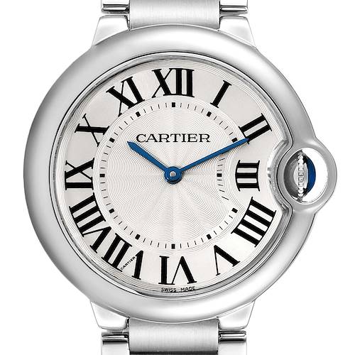 Photo of Cartier Ballon Bleu 36 Midsize Silver Guilloche Dial Mens Watch W69011Z4