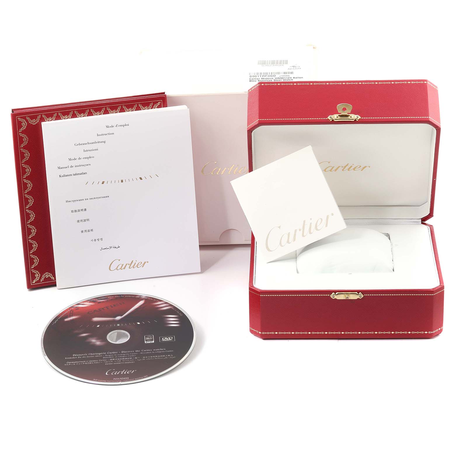 The image shows the box, booklet, manual, and CD for the Cartier Ballon Bleu W69011Z4 Men
s Stainless Steel Silver Dial W69011Z4 Men
s Stainless Steel Silver Dial watch model.