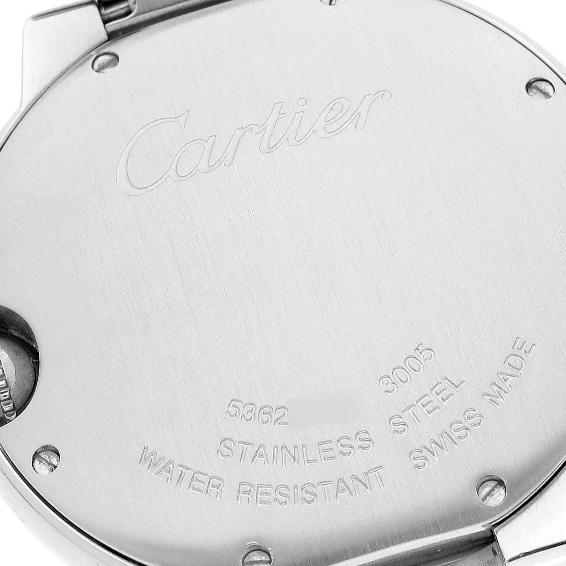 The image shows the back casing of a Cartier Ballon Bleu W69011Z4 Men
s Stainless Steel Silver Dial W69011Z4 Men
s Stainless Steel Silver Dial watch, highlighting the engraved brand name and specifications.