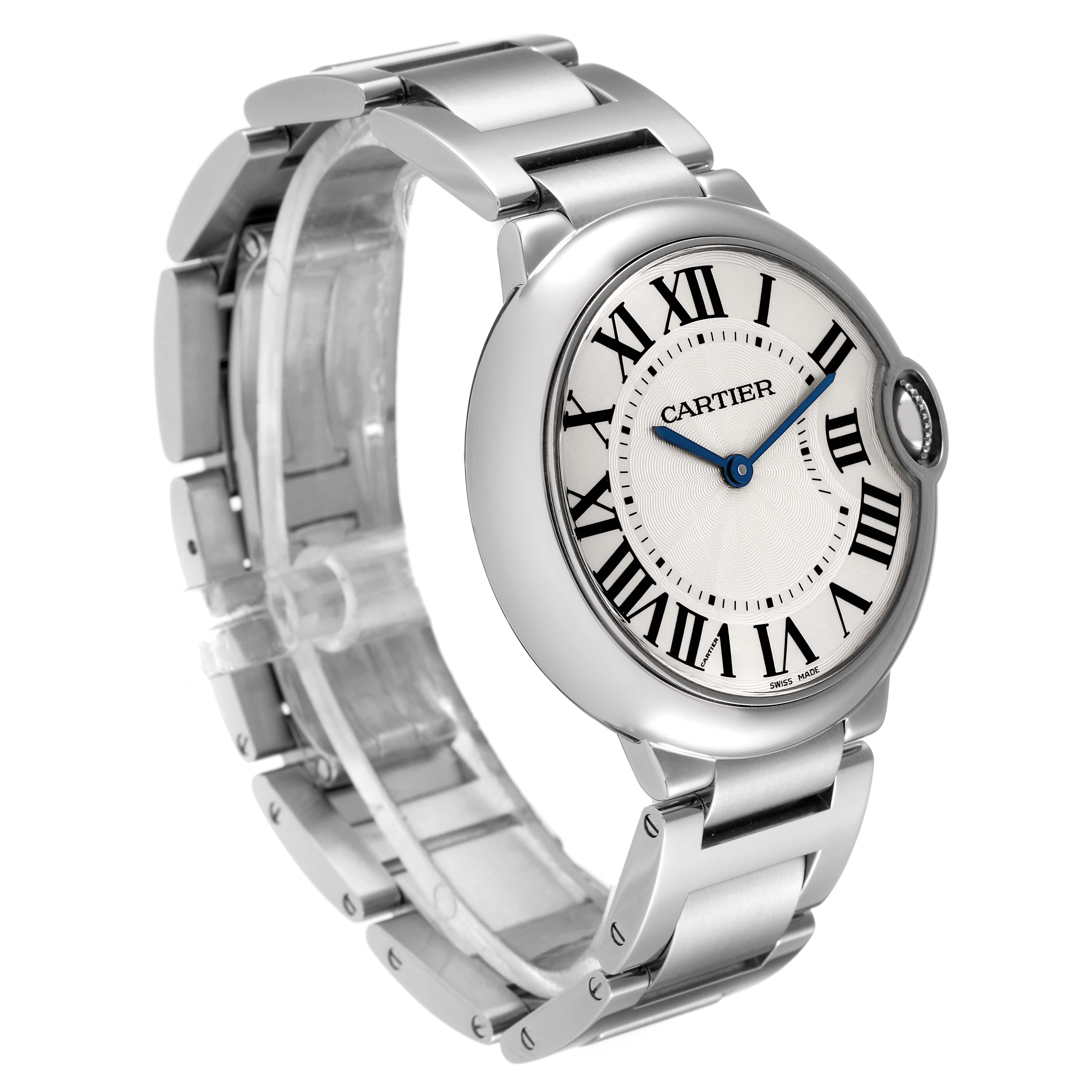 The image shows a Cartier Ballon Bleu W69011Z4 Men
s Stainless Steel Silver Dial W69011Z4 Men
s Stainless Steel Silver Dial watch photographed at a three-quarter angle, highlighting its circular dial, Roman numerals, and stainless steel bracelet.