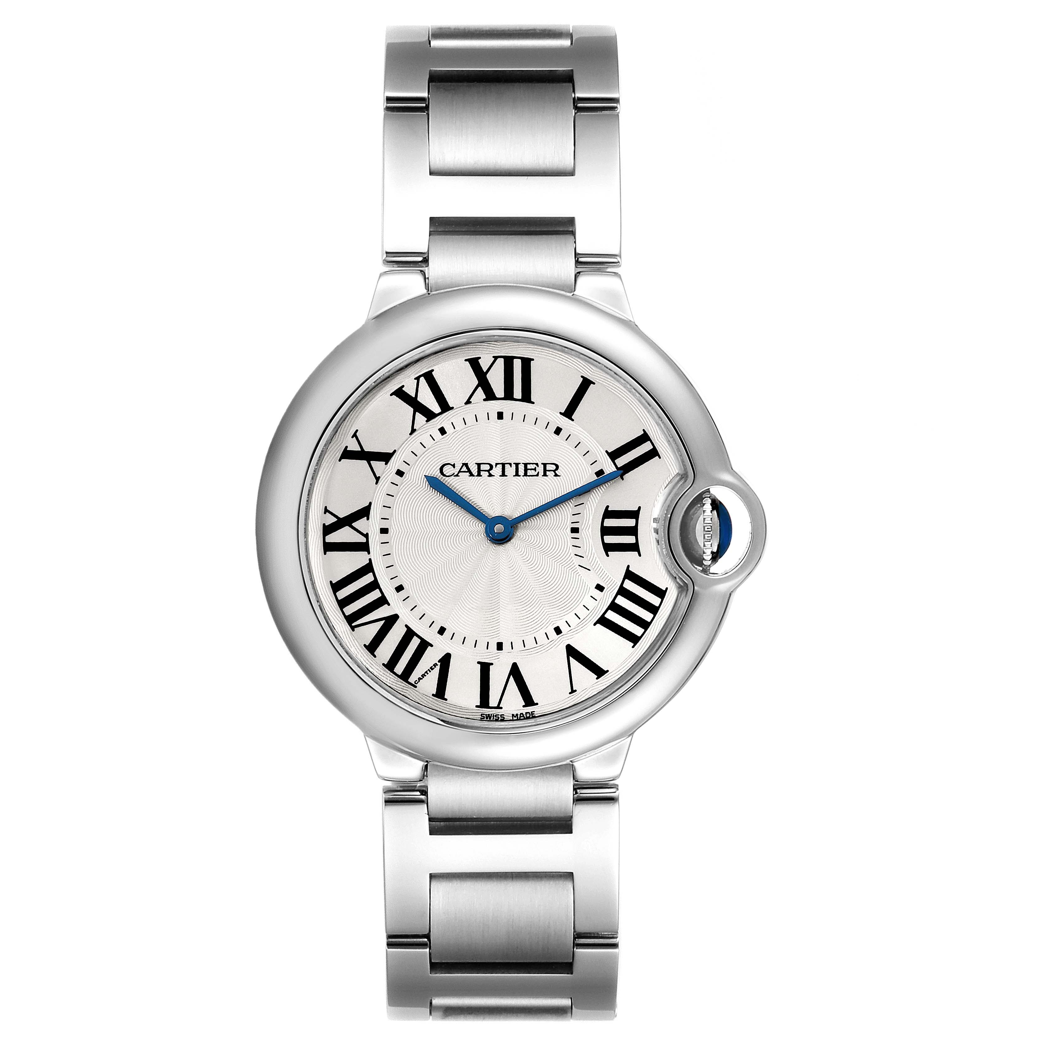 This is a front-angle view of the Cartier Ballon Bleu W69011Z4 Men
s Stainless Steel Silver Dial W69011Z4 Men
s Stainless Steel Silver Dial watch, showing its face and bracelet.