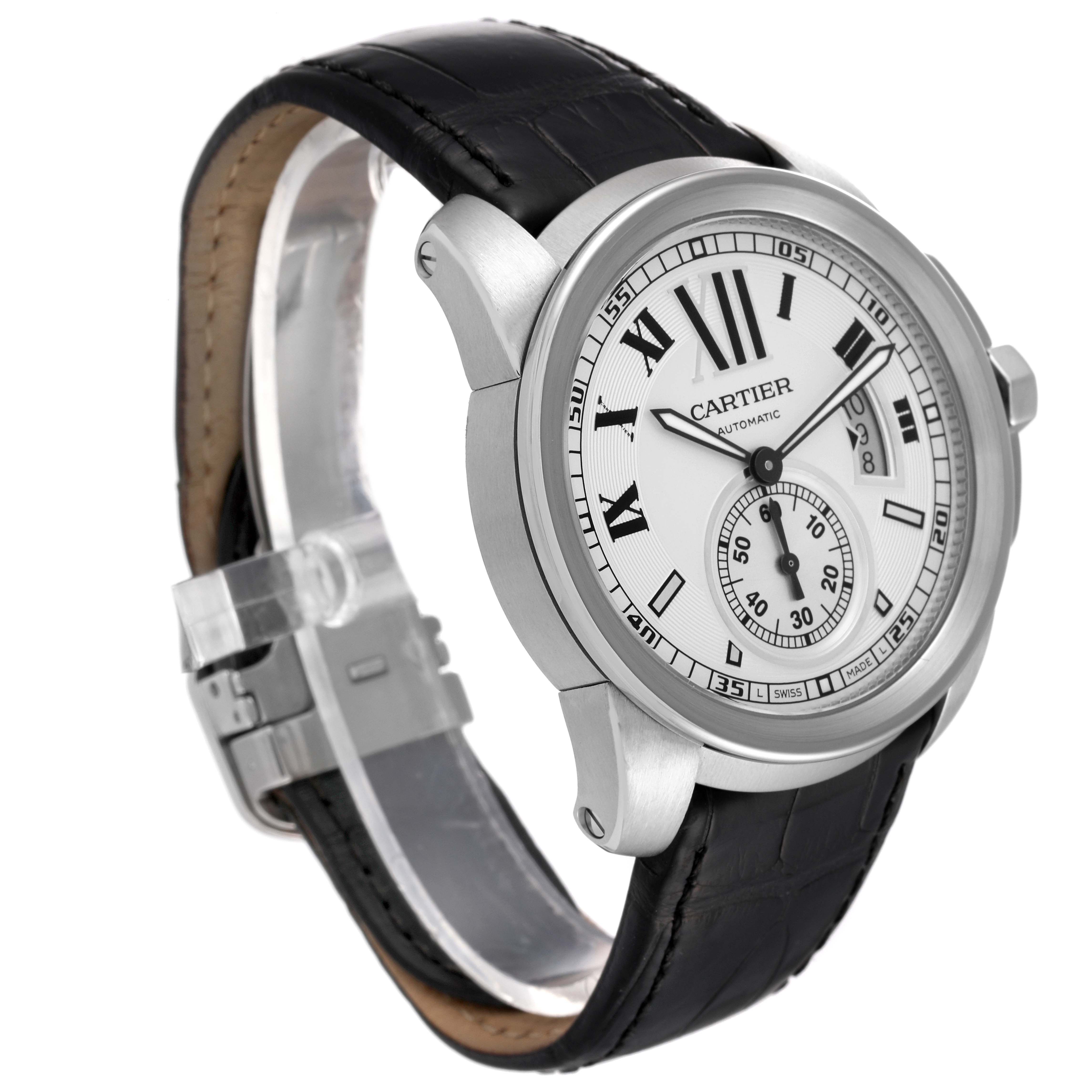 The image shows a side angle view of the Calibre de Cartier watch by Cartier, highlighting the face, case, and leather strap.