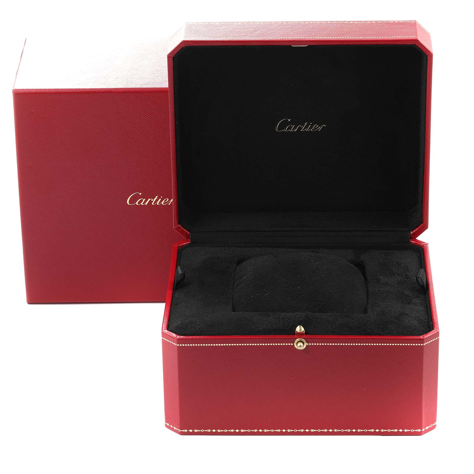 The image shows an open red Cartier watch box with a black interior, designed for the Calibre de Cartier model.