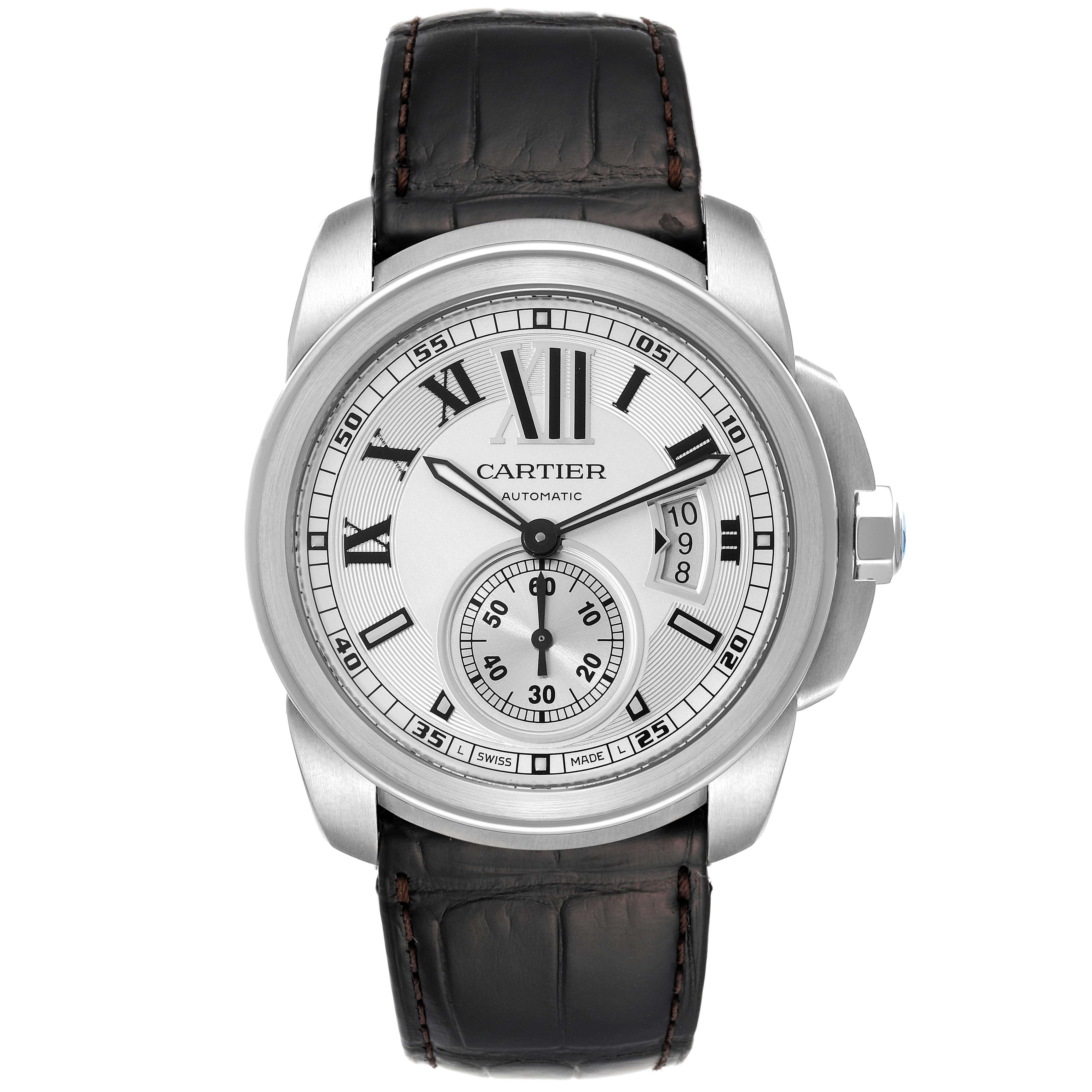 This image shows a front view of a Calibre de Cartier model by Cartier, displaying its dial, hands, and strap.