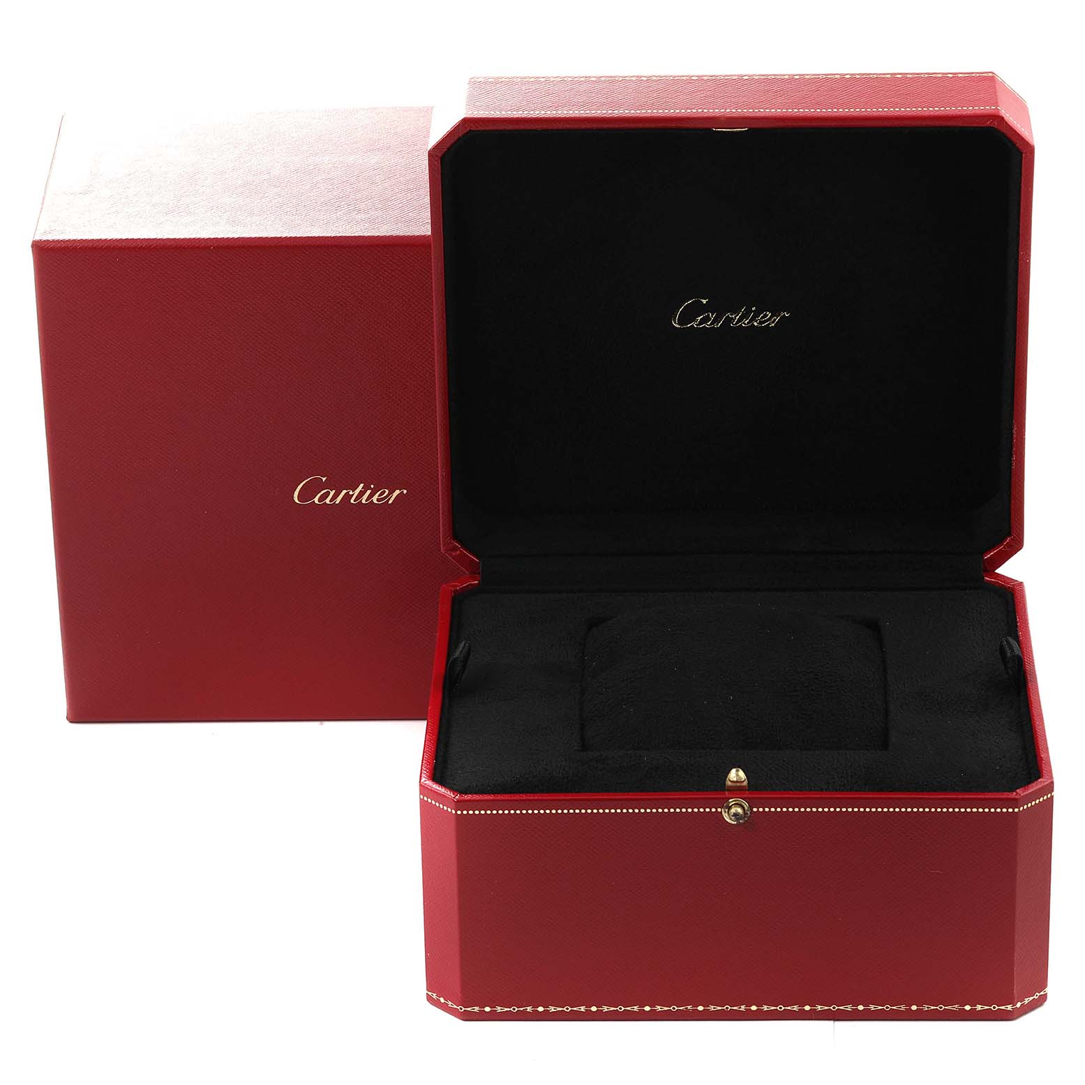 This image shows an open red Cartier watch box for the Calibre de Cartier model, with a black interior.