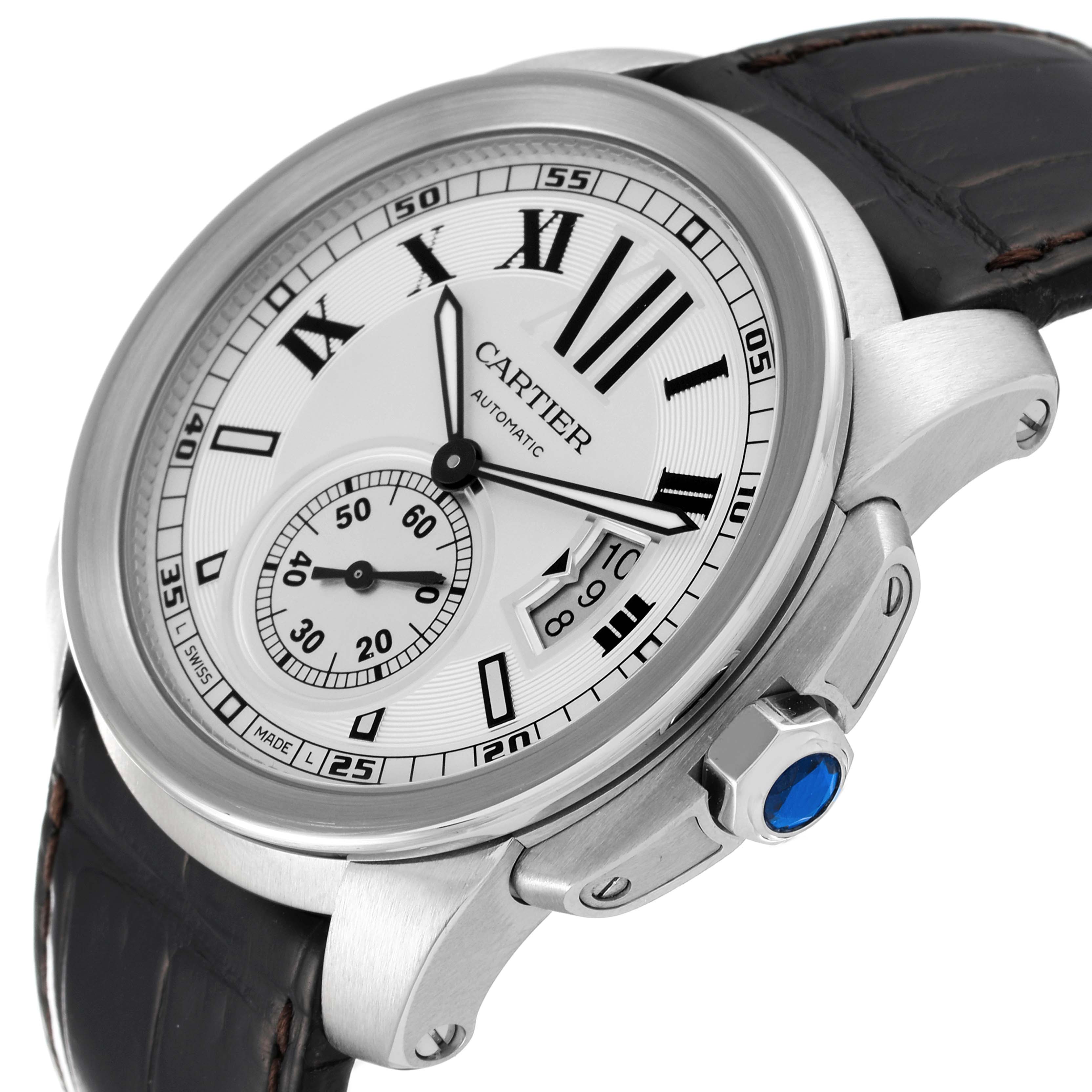 The image shows a close-up side angle of the Calibre de Cartier watch by Cartier, highlighting its dial, crown, and leather strap.