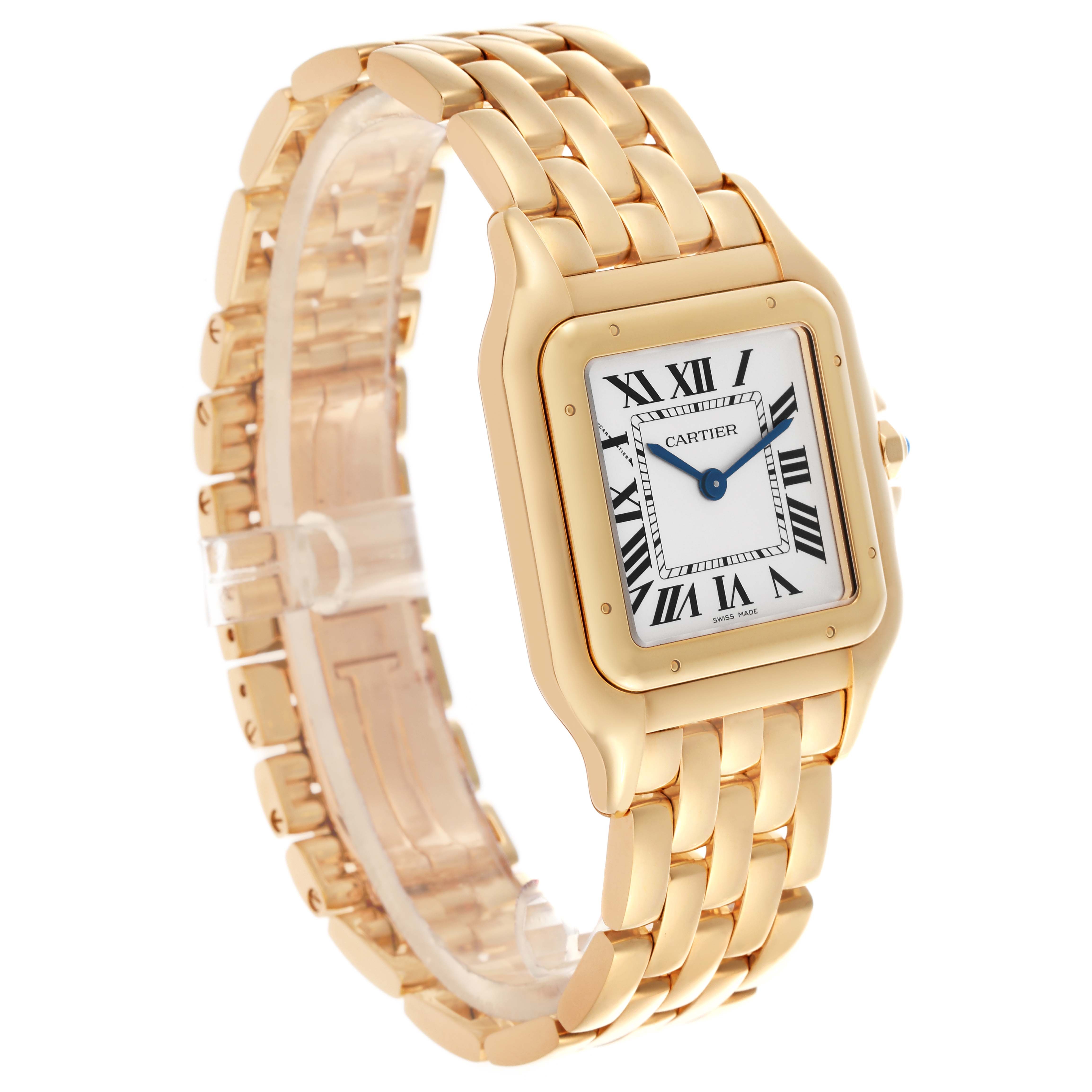 The Cartier Panthere WGPN0041 Men's Yellow Gold Silver Dial WGPN0041 Men's Yellow Gold Silver Dial watch is shown from an angled view, highlighting the gold case, bracelet, and Roman numeral dial.