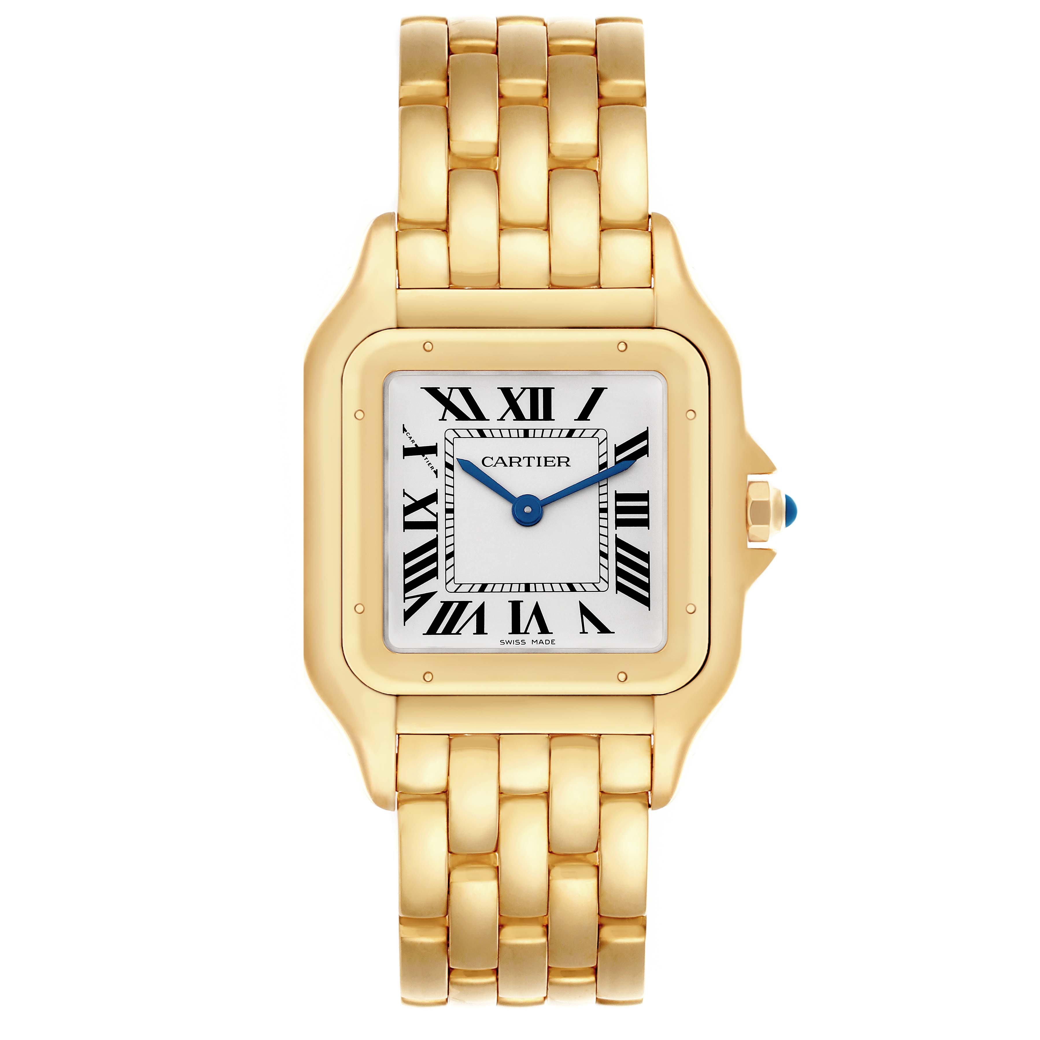 The Cartier Panthere WGPN0041 Men's Yellow Gold Silver Dial WGPN0041 Men's Yellow Gold Silver Dial watch is shown from the front, highlighting its square face and gold link bracelet.