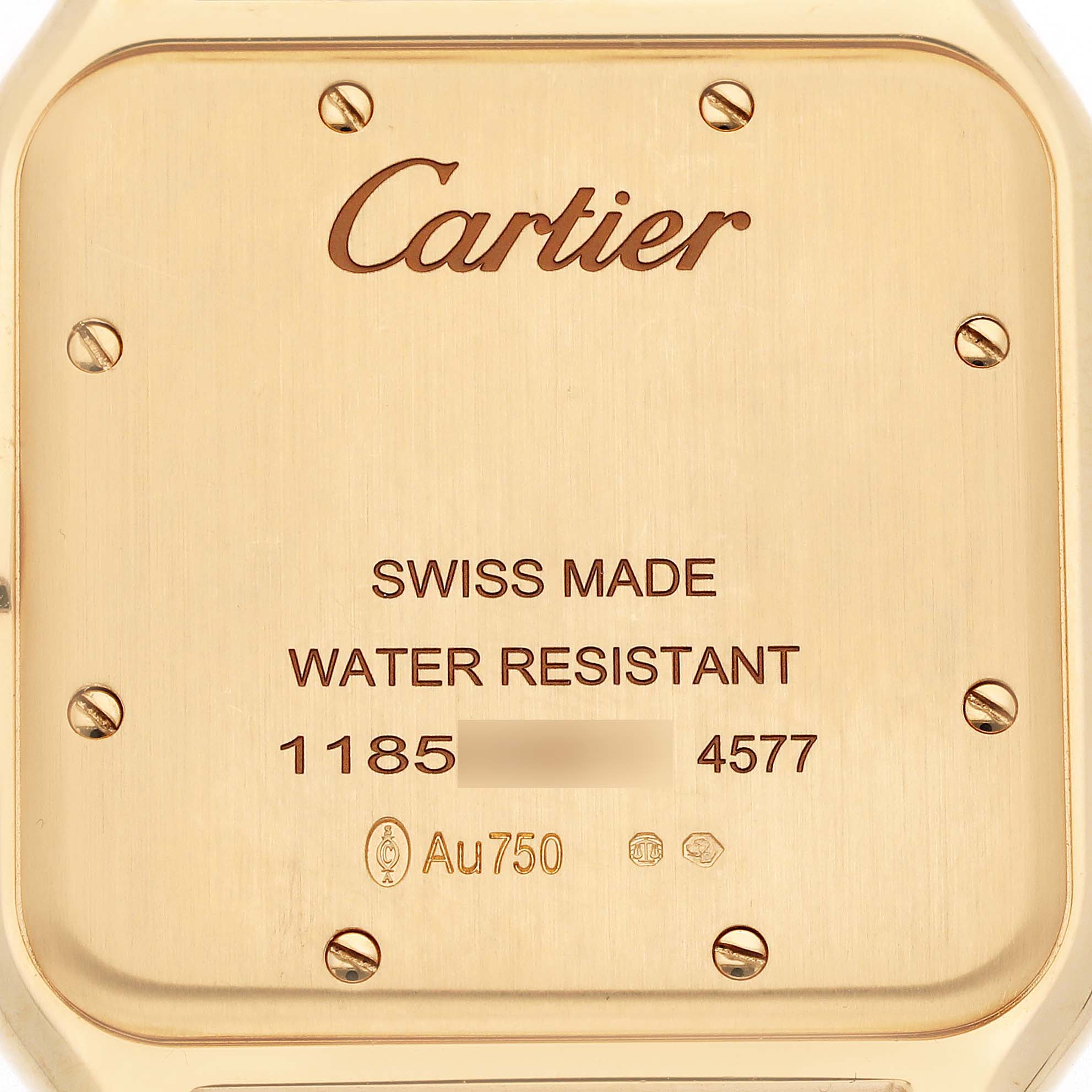 This image shows the back of a Cartier Panthere WGPN0041 Men's Yellow Gold Silver Dial WGPN0041 Men's Yellow Gold Silver Dial watch, highlighting engravings and screws.