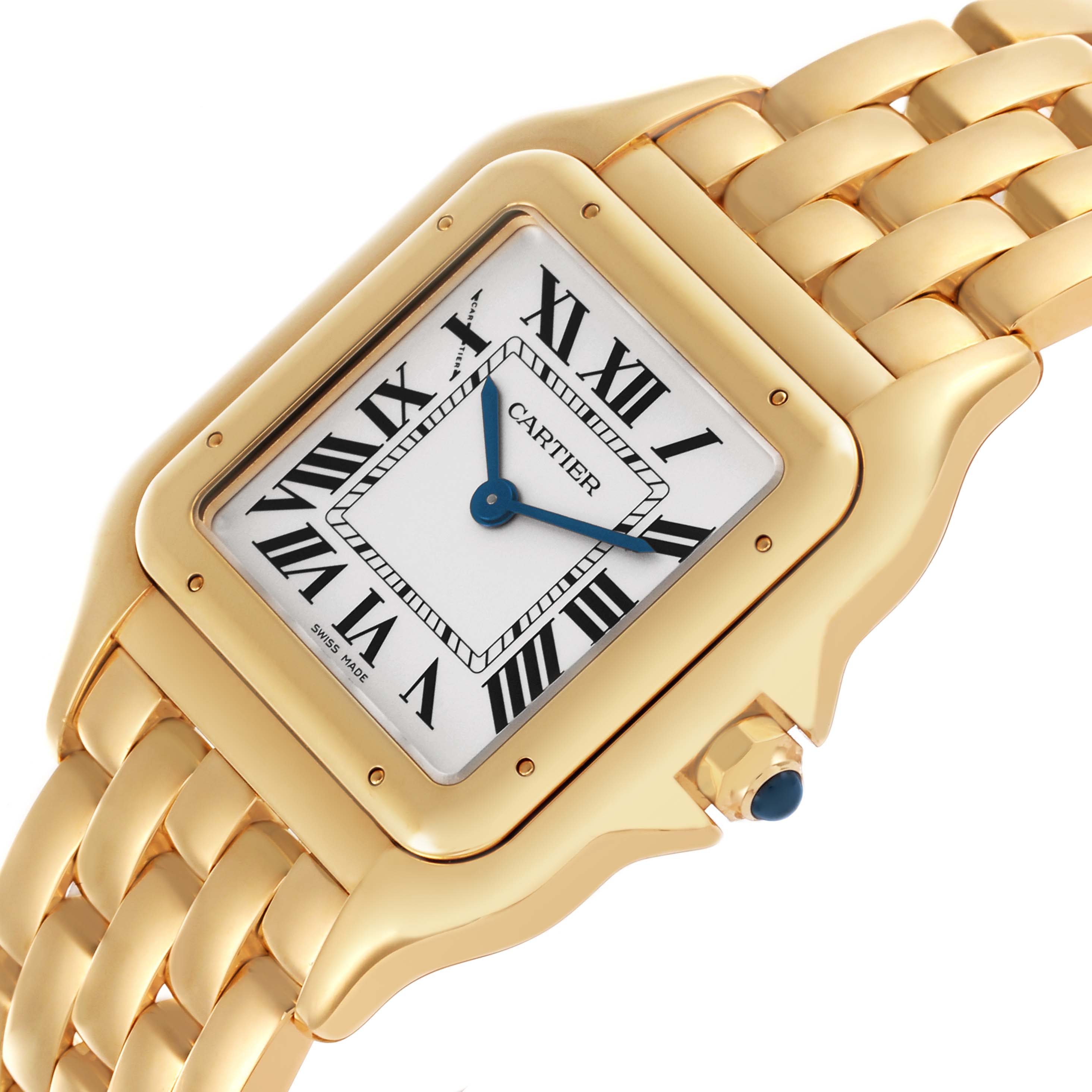 The Cartier Panthere WGPN0041 Men's Yellow Gold Silver Dial WGPN0041 Men's Yellow Gold Silver Dial watch is shown at an angle highlighting the face, bezel, and part of the bracelet.