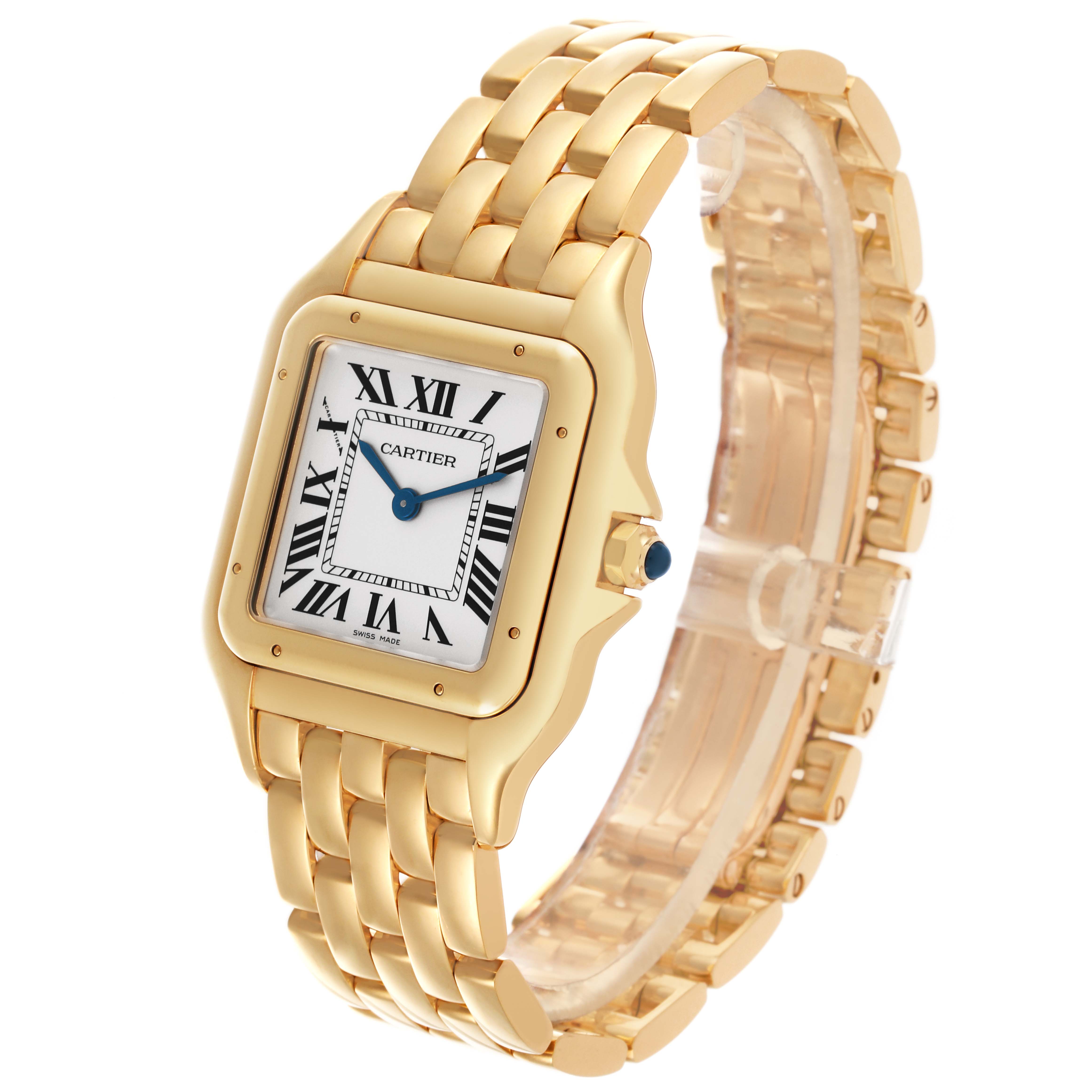 The Cartier Panthère watch is shown at a side angle, highlighting the gold bracelet and square face with Roman numerals.