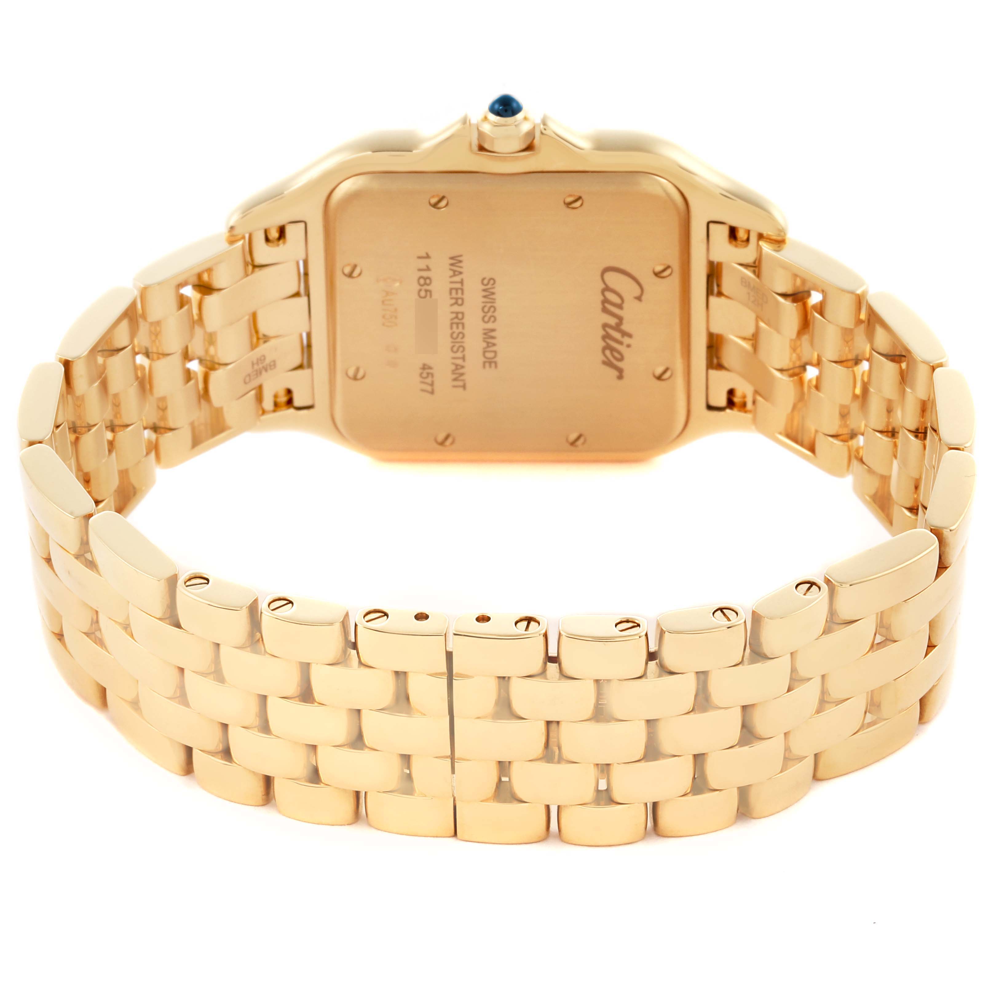 The image shows the back of a Cartier Panthere WGPN0041 Men's Yellow Gold Silver Dial WGPN0041 Men's Yellow Gold Silver Dial watch, highlighting its bracelet and case back.