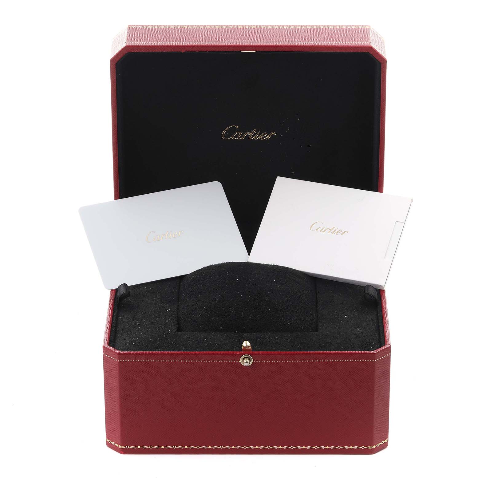 The image shows a Cartier Panthere WGPN0041 Men's Yellow Gold Silver Dial WGPN0041 Men's Yellow Gold Silver Dial watch box open, displaying documents inside.