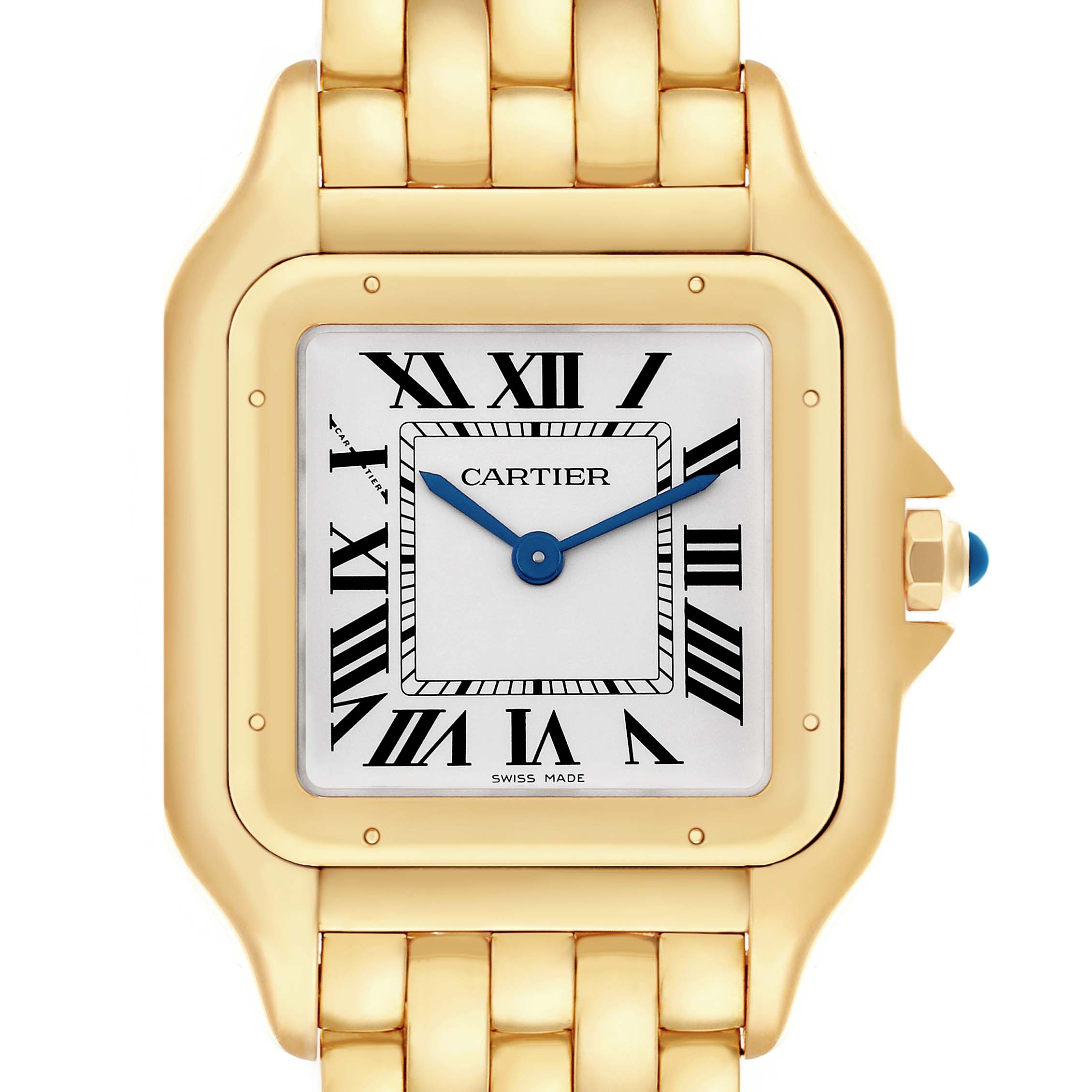 The Cartier Panthère watch is shown from the front, highlighting its gold square case, Roman numerals, and bracelet.