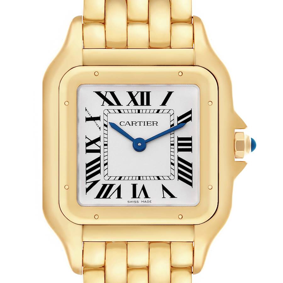 The Cartier Panthère watch is shown from the front, highlighting its gold square case, Roman numerals, and bracelet.