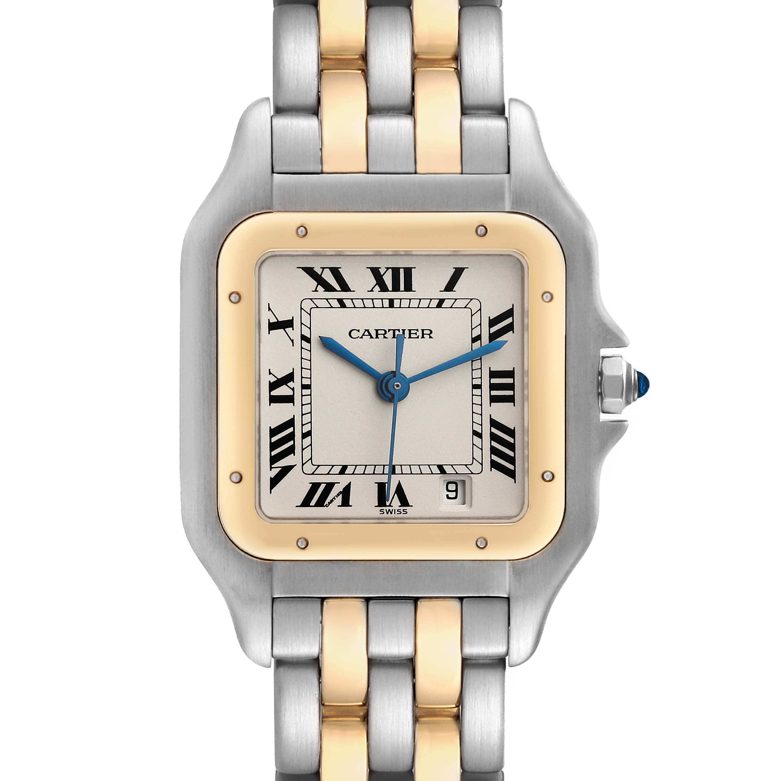 This image shows a close-up of the face and top part of the band of a Cartier Panthere W25028B6 Women's Steel and Gold (two tone) Silver Dial W25028B6 Women's Steel and Gold (two tone) Silver Dial watch.
